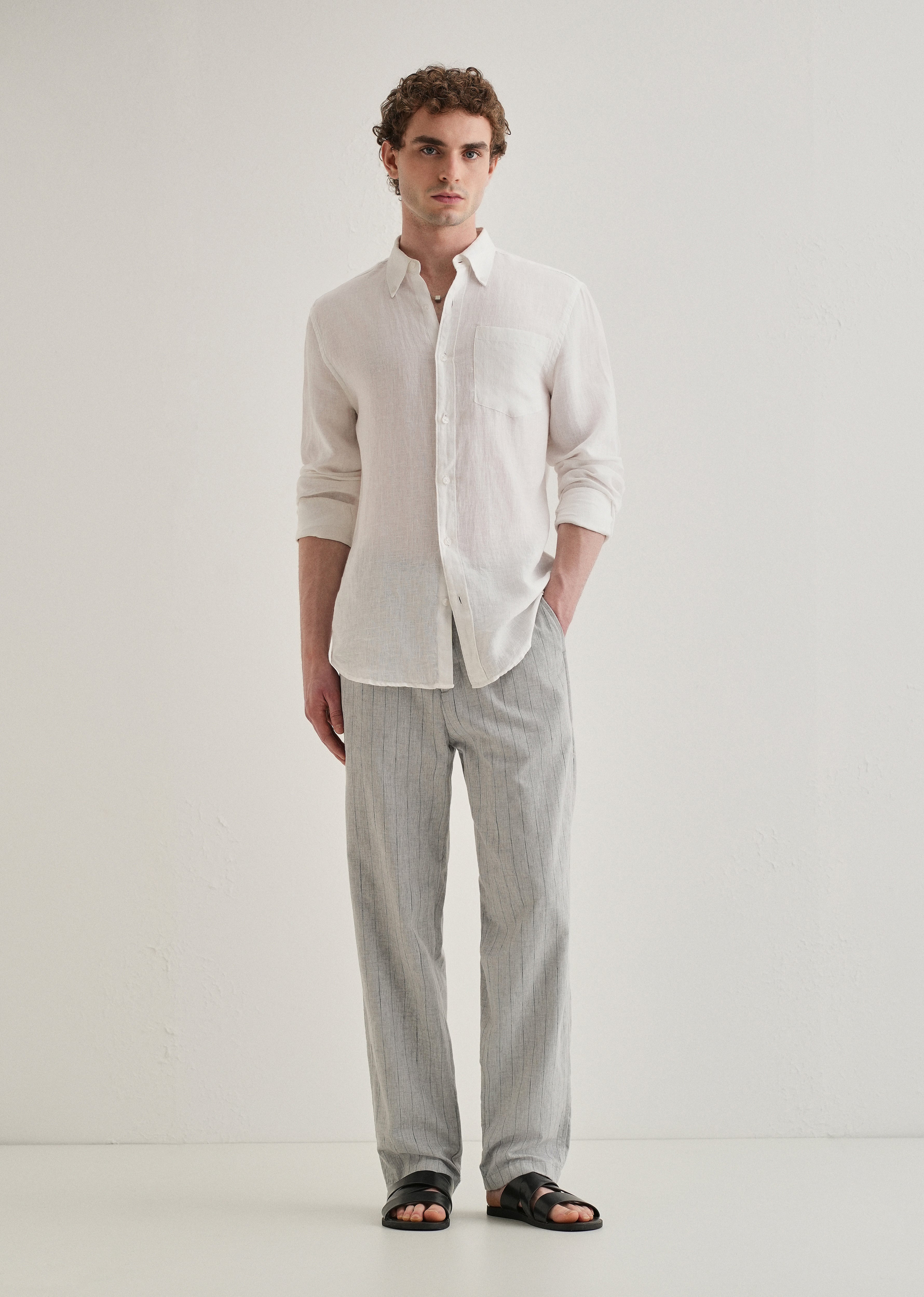 Grey Stripe Relaxed Linen Trousers