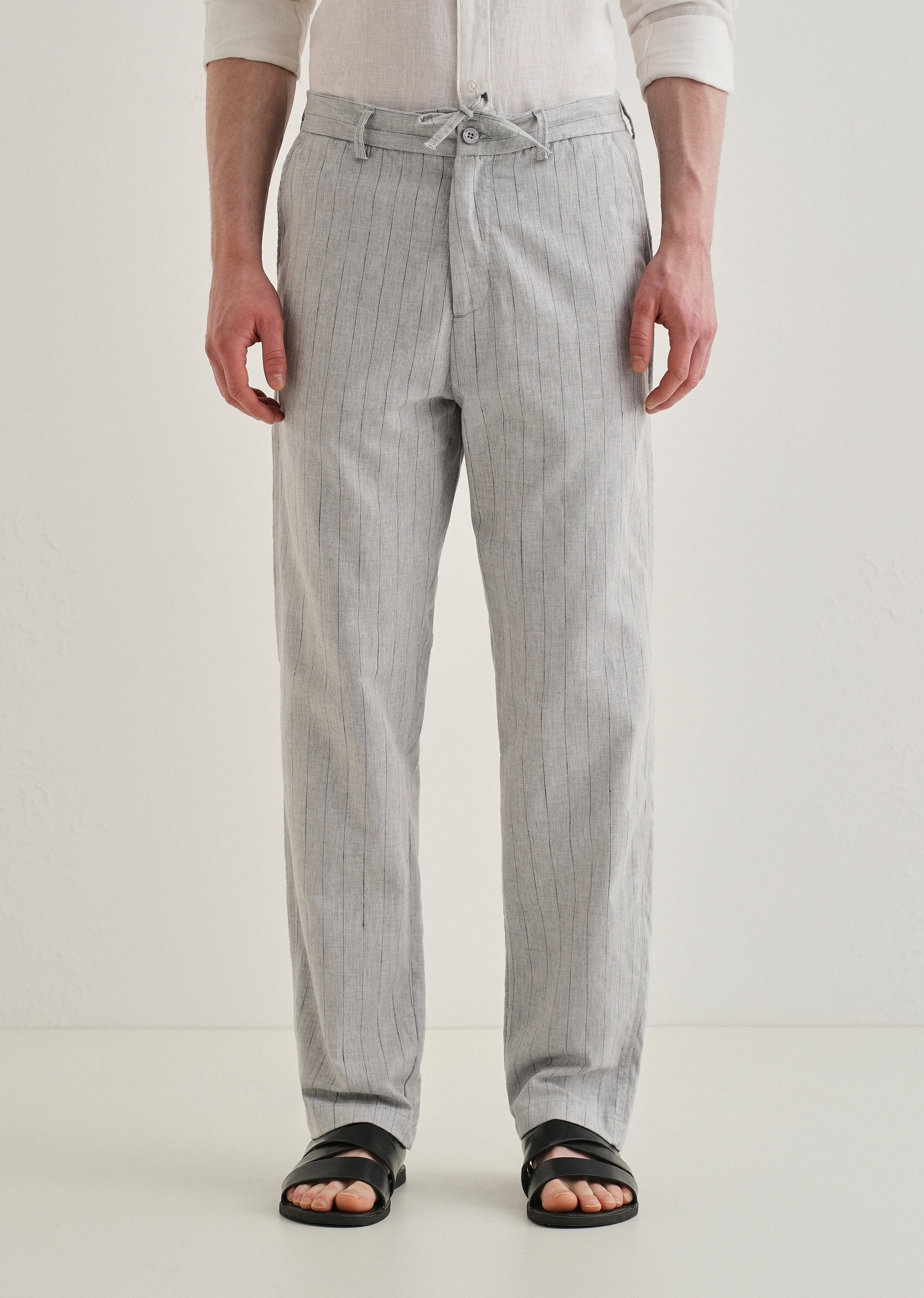 Grey Stripe Relaxed Linen Trousers
