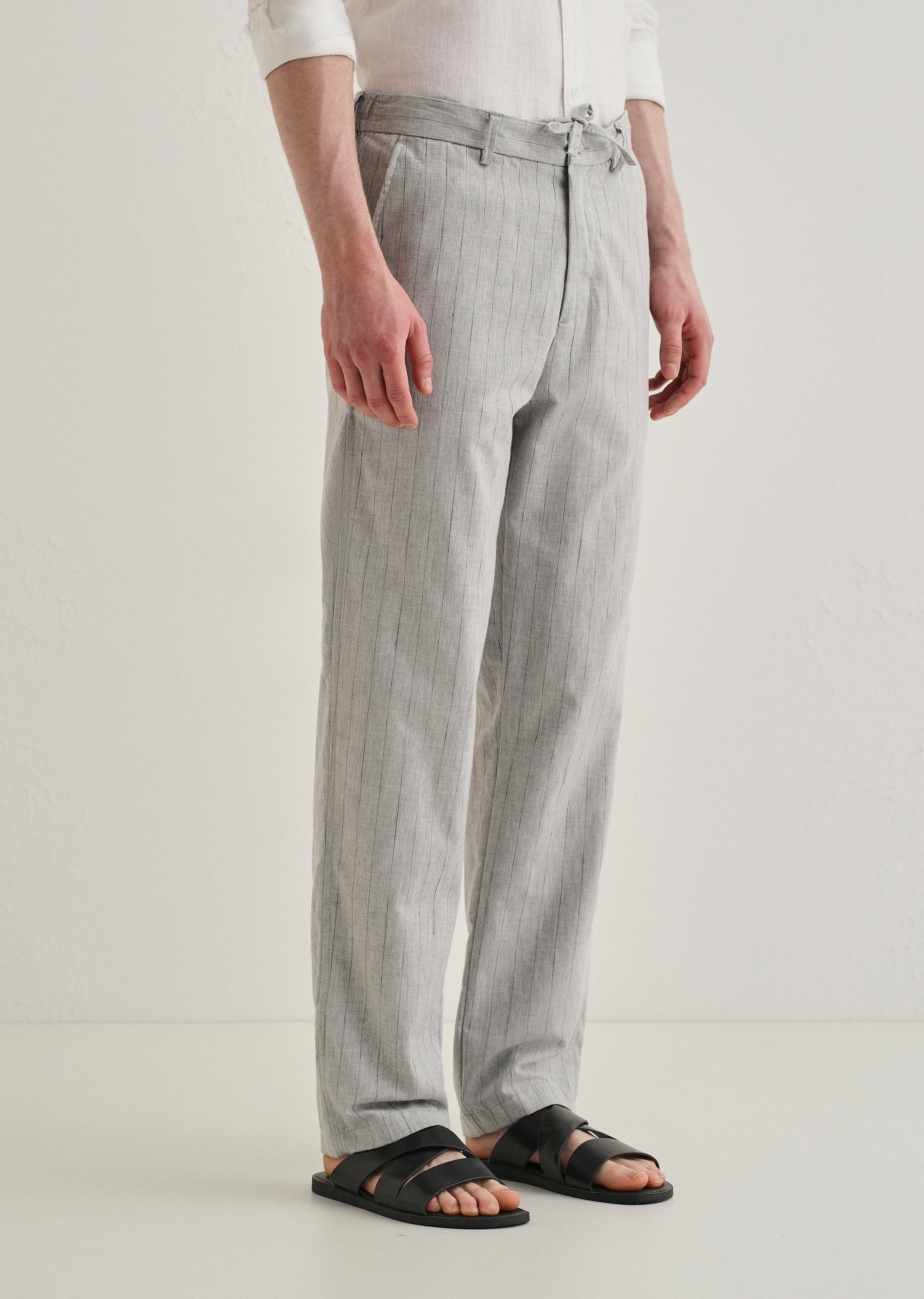 Grey Stripe Relaxed Linen Trousers