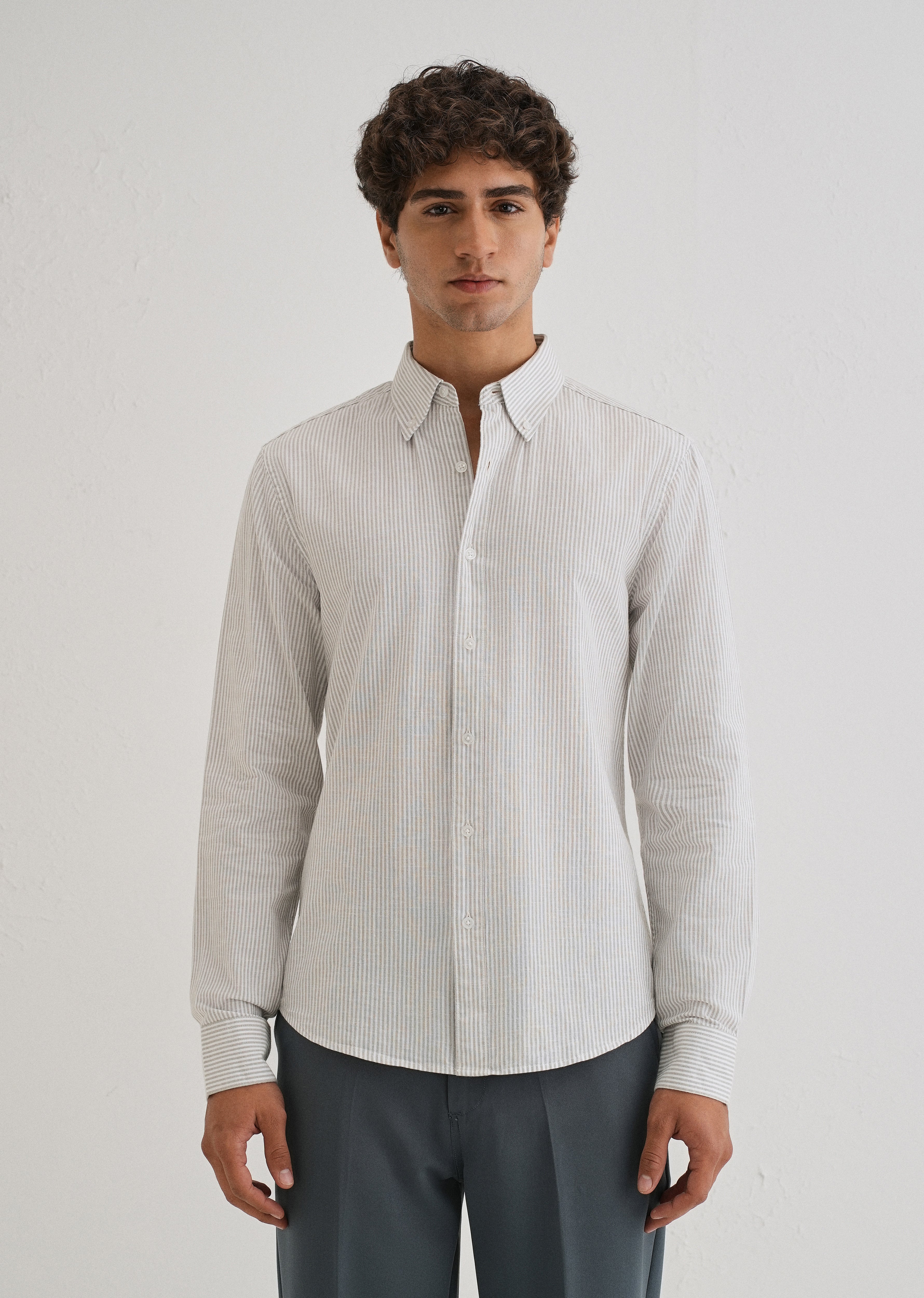 Grey Striped Cotton Linen Shirt