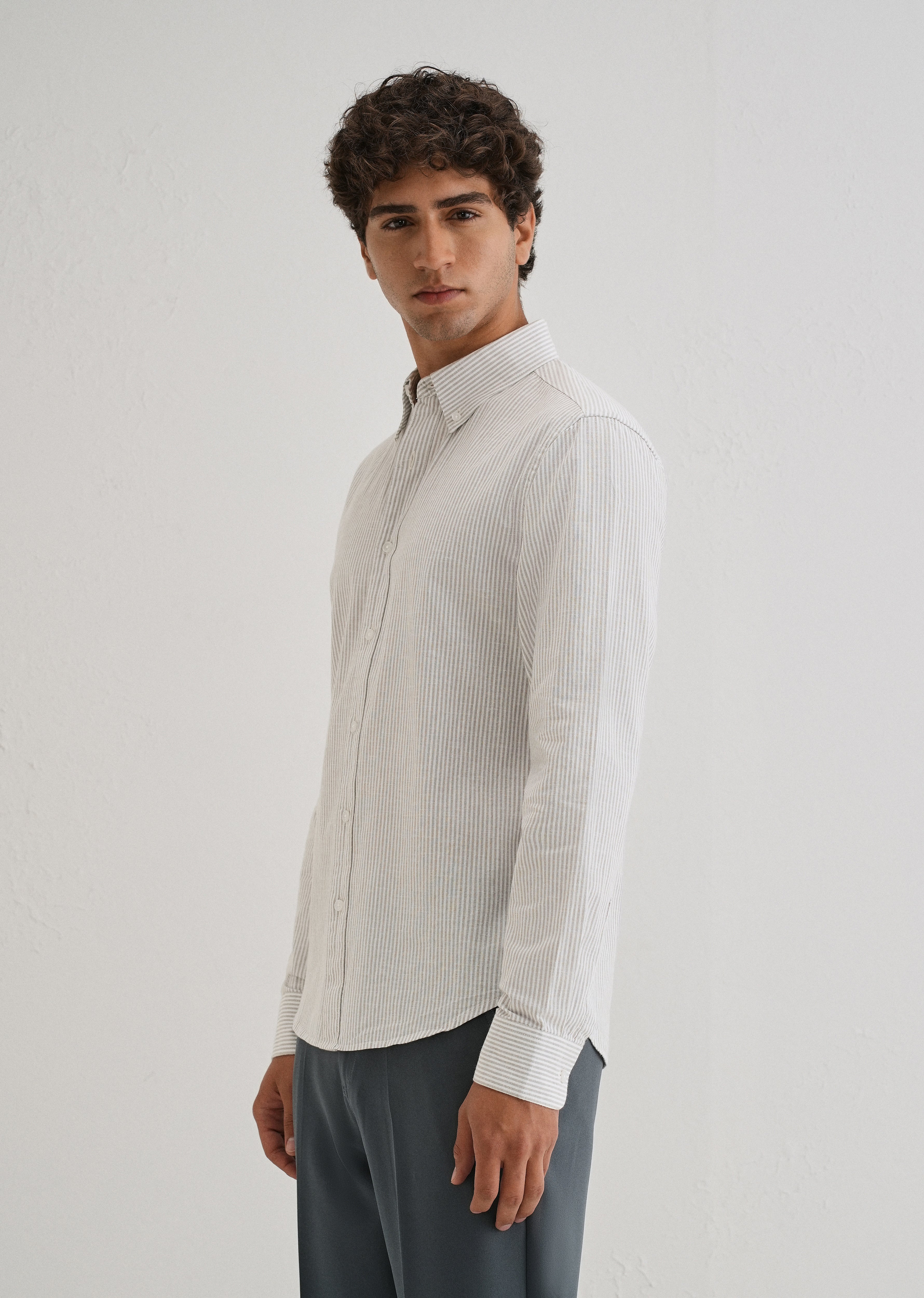 Grey Striped Cotton Linen Shirt