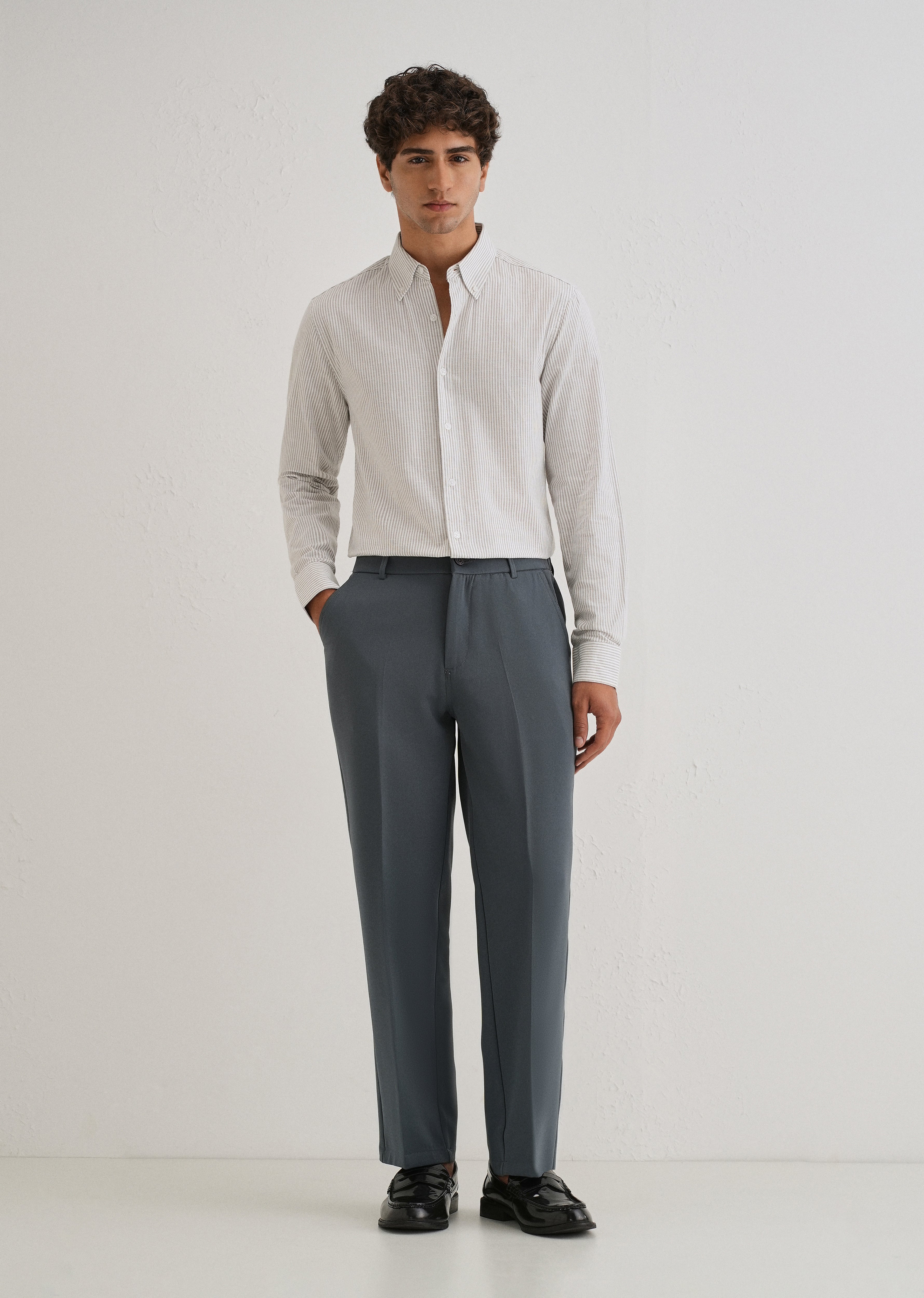 Grey Striped Cotton Linen Shirt