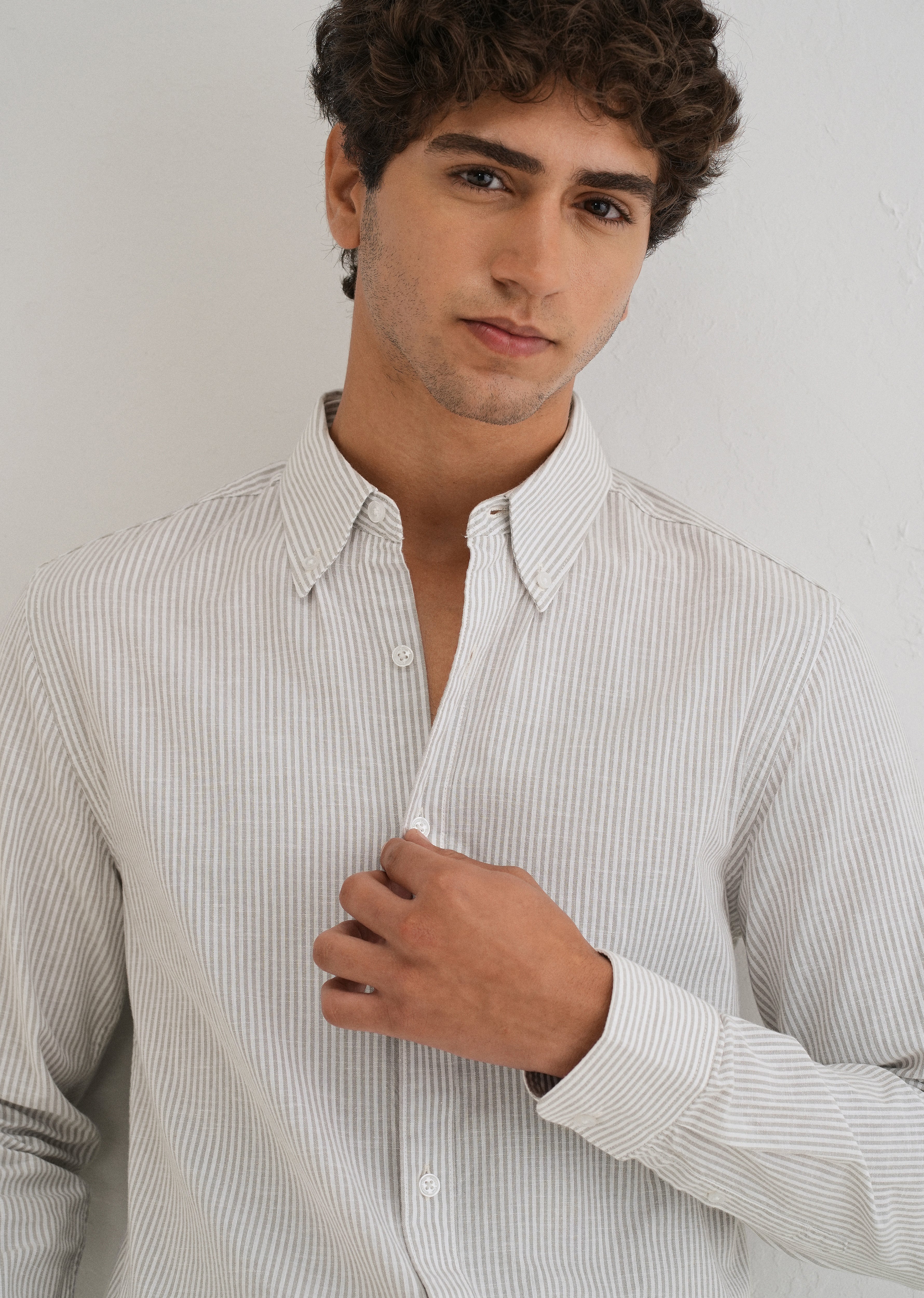 Grey Striped Cotton Linen Shirt