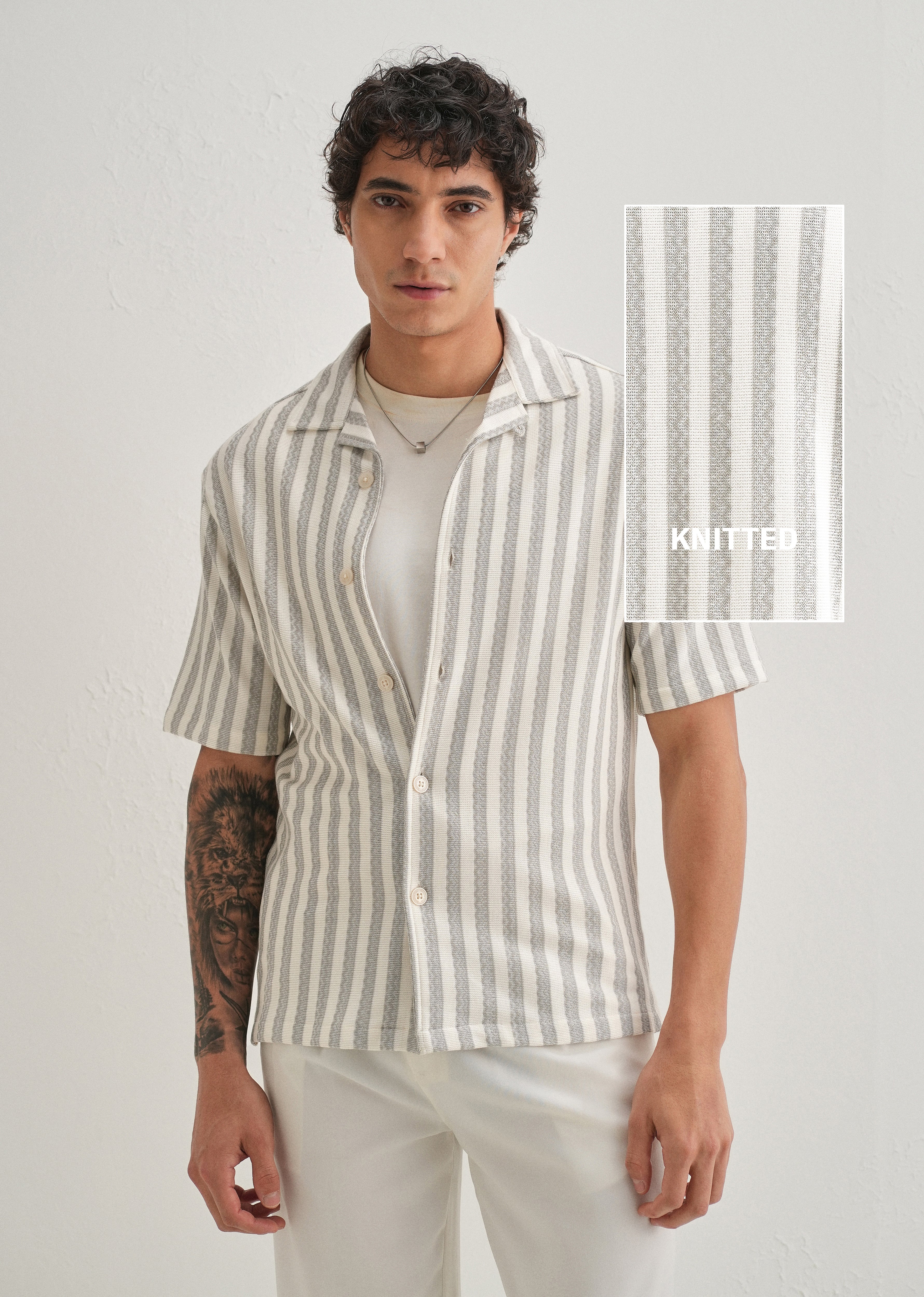 Grey Striped Knit Cuban Collar Shirt