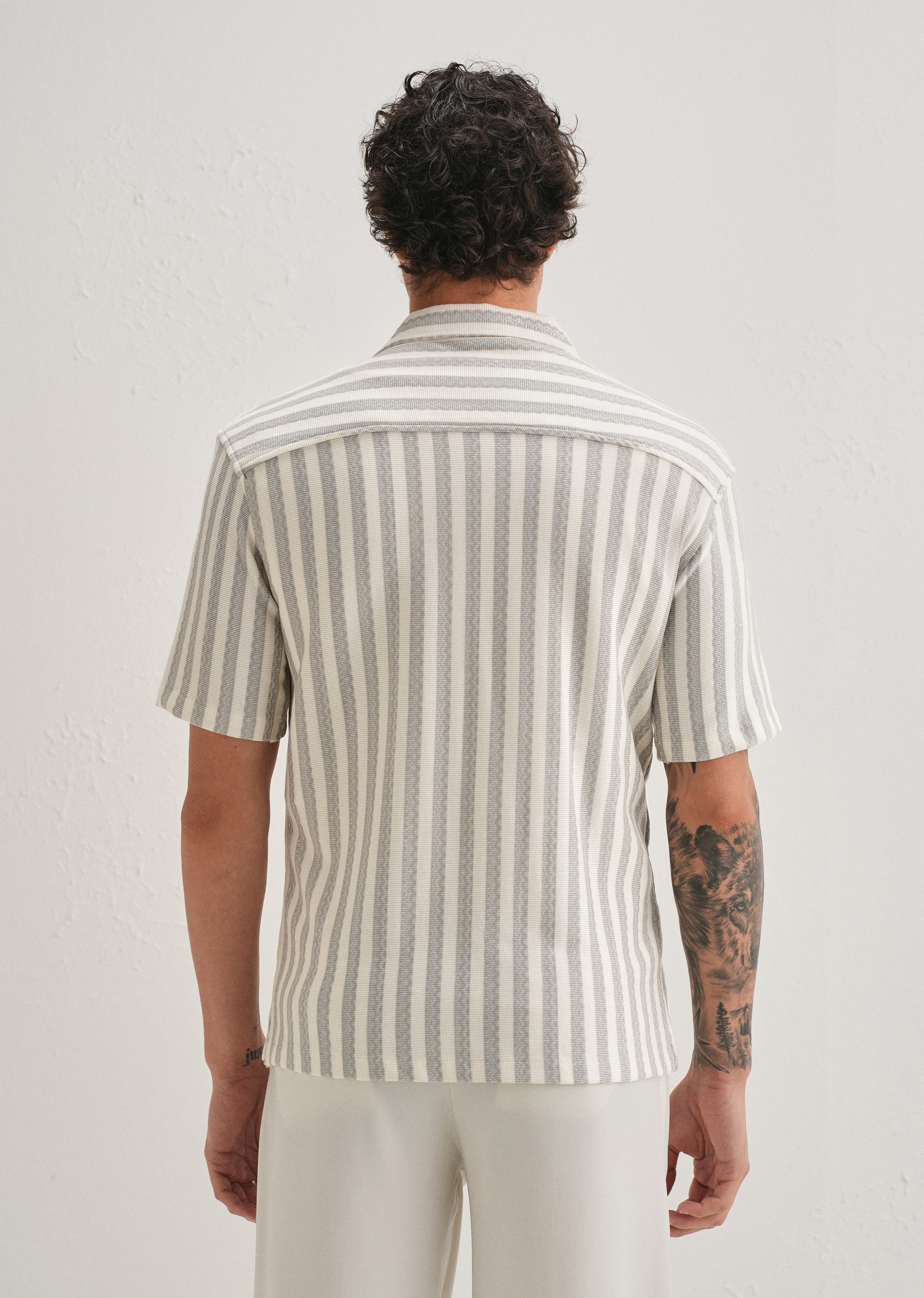 Grey Striped Knit Cuban Collar Shirt