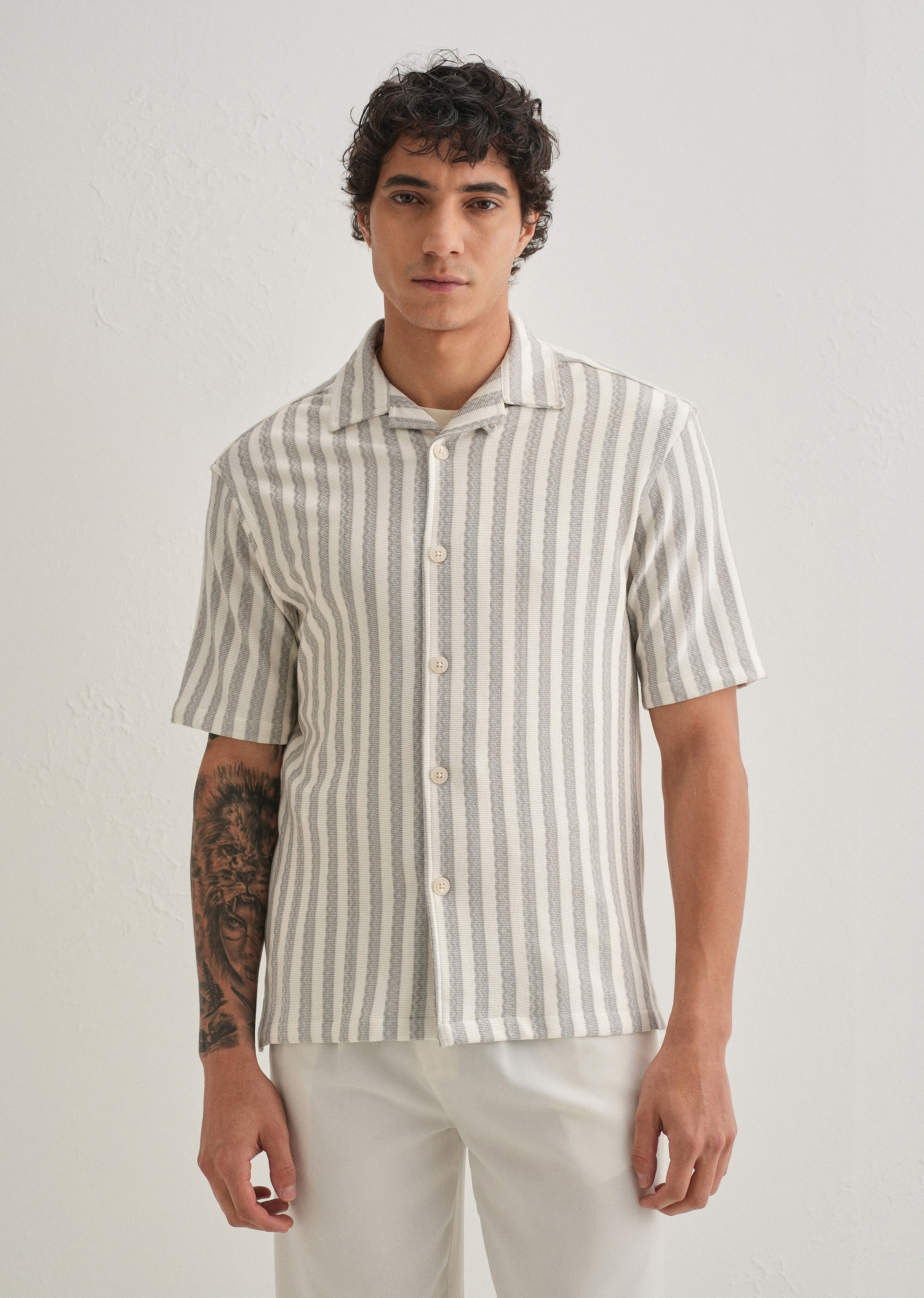 Grey Striped Knit Cuban Collar Shirt