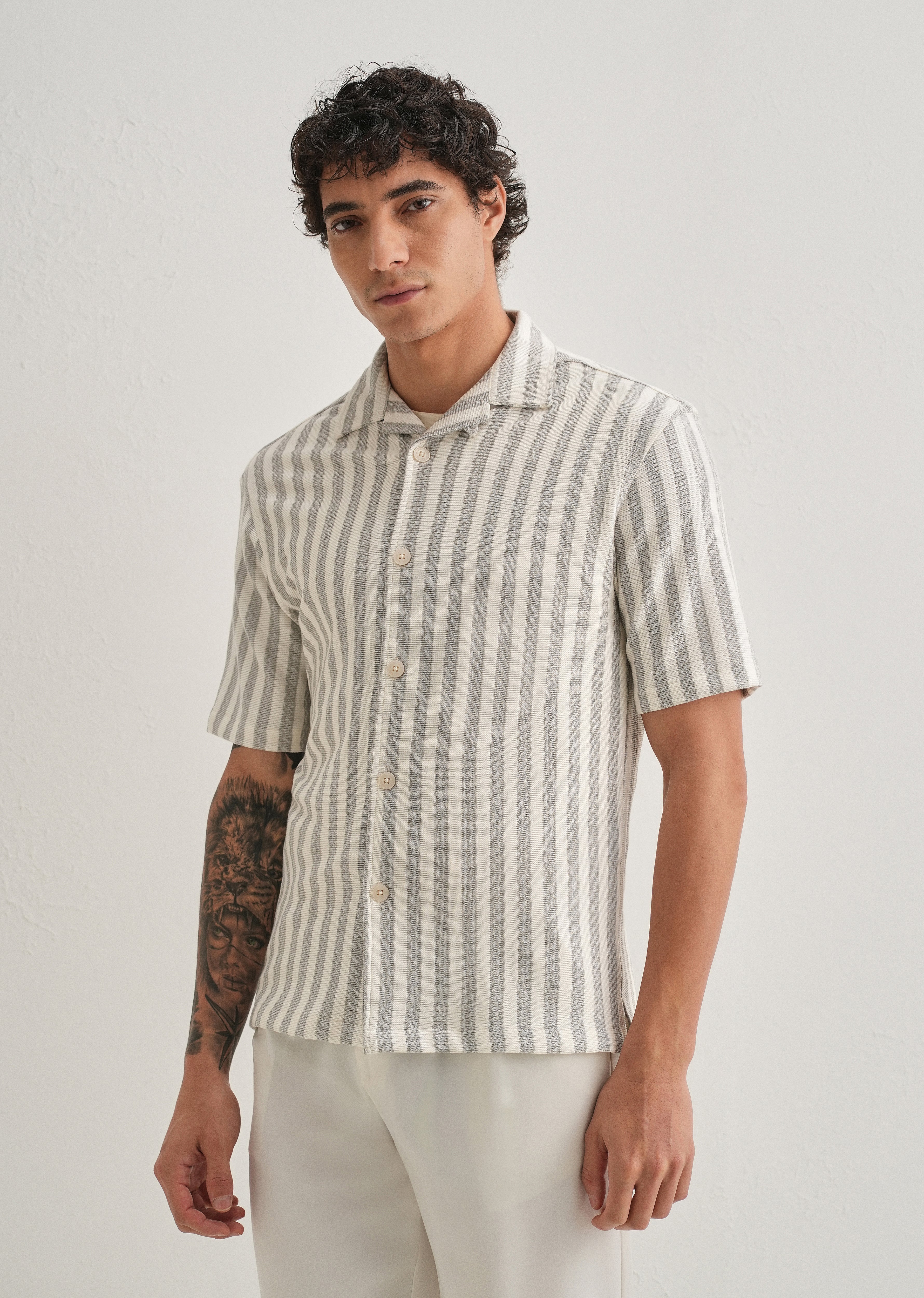 Grey Striped Knit Cuban Collar Shirt