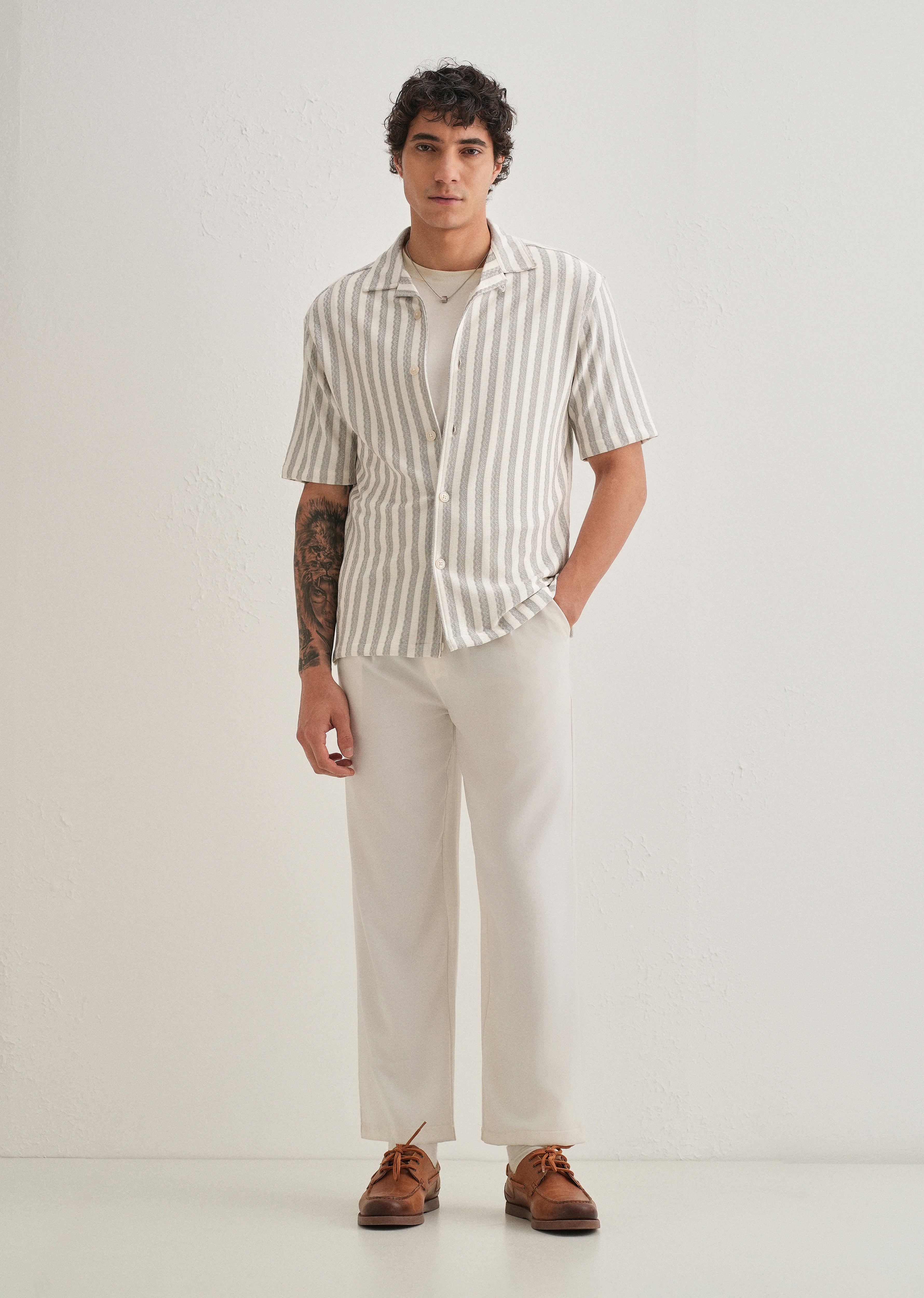 Grey Striped Knit Cuban Collar Shirt