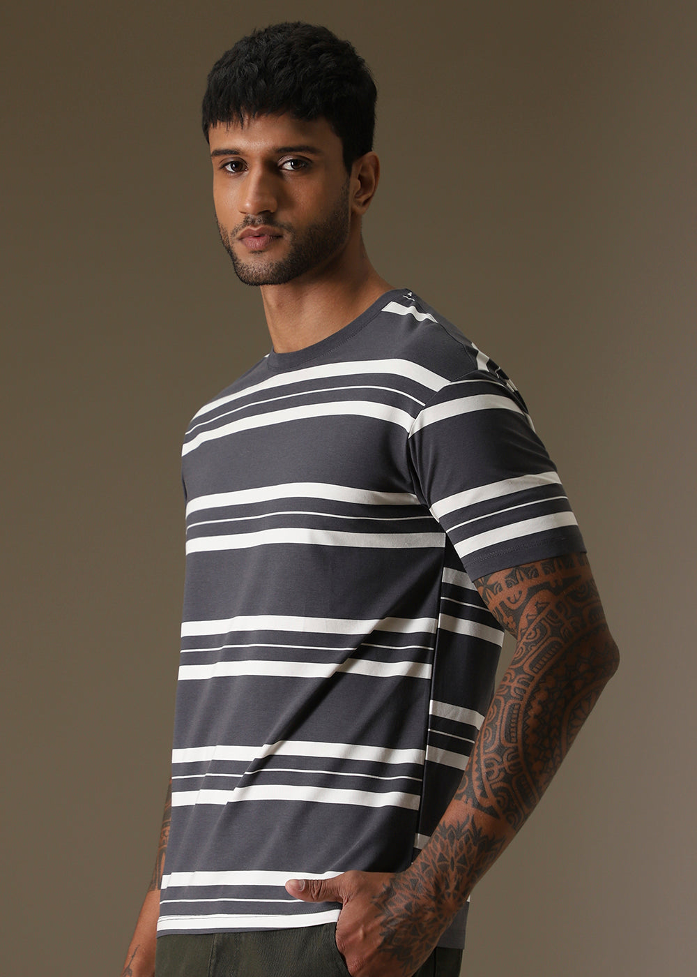Grey Striped Regular T-shirt