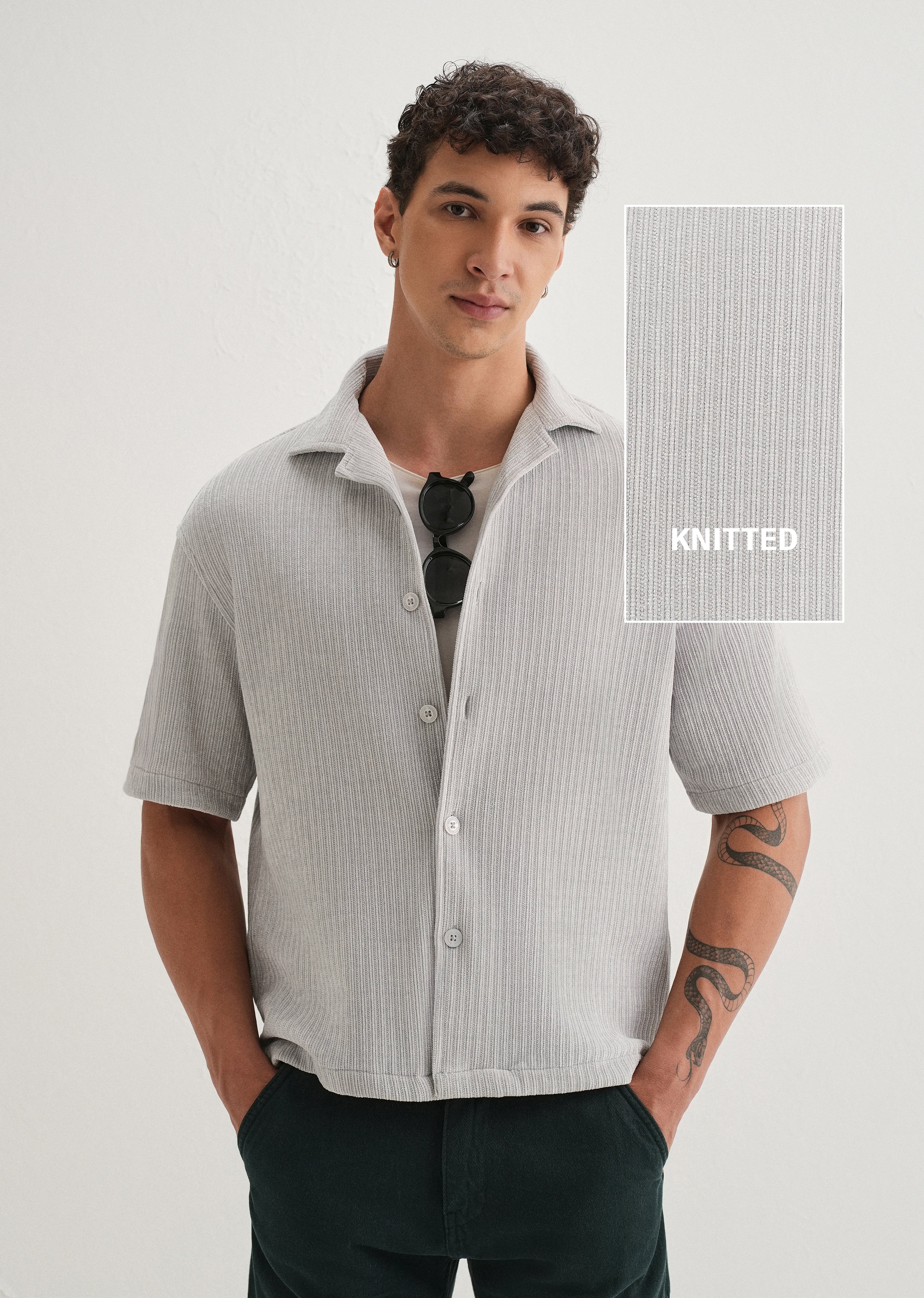 Grey Suede Knit Half Sleeve Shirt
