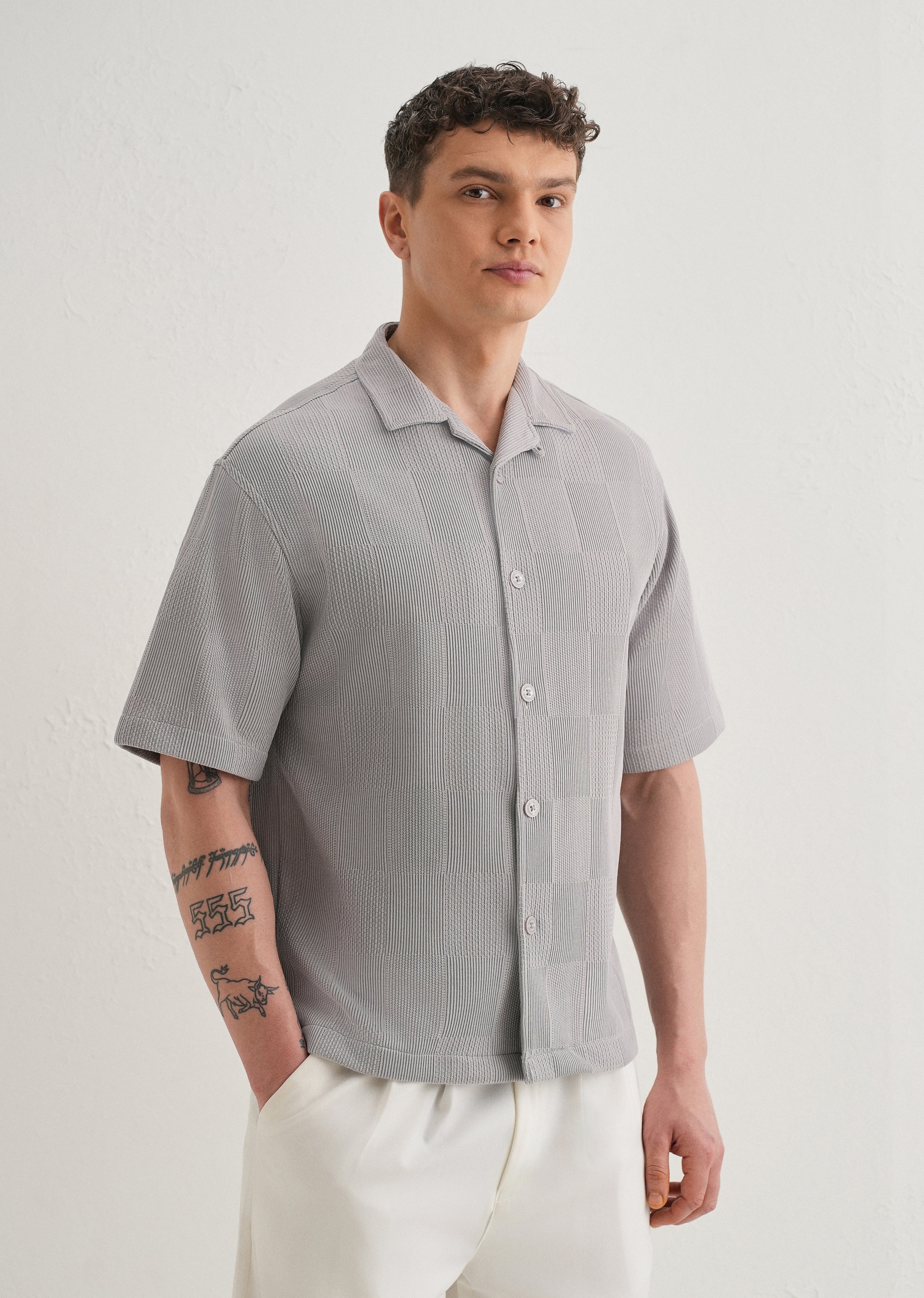 Grey Textured Check Knit Shirt