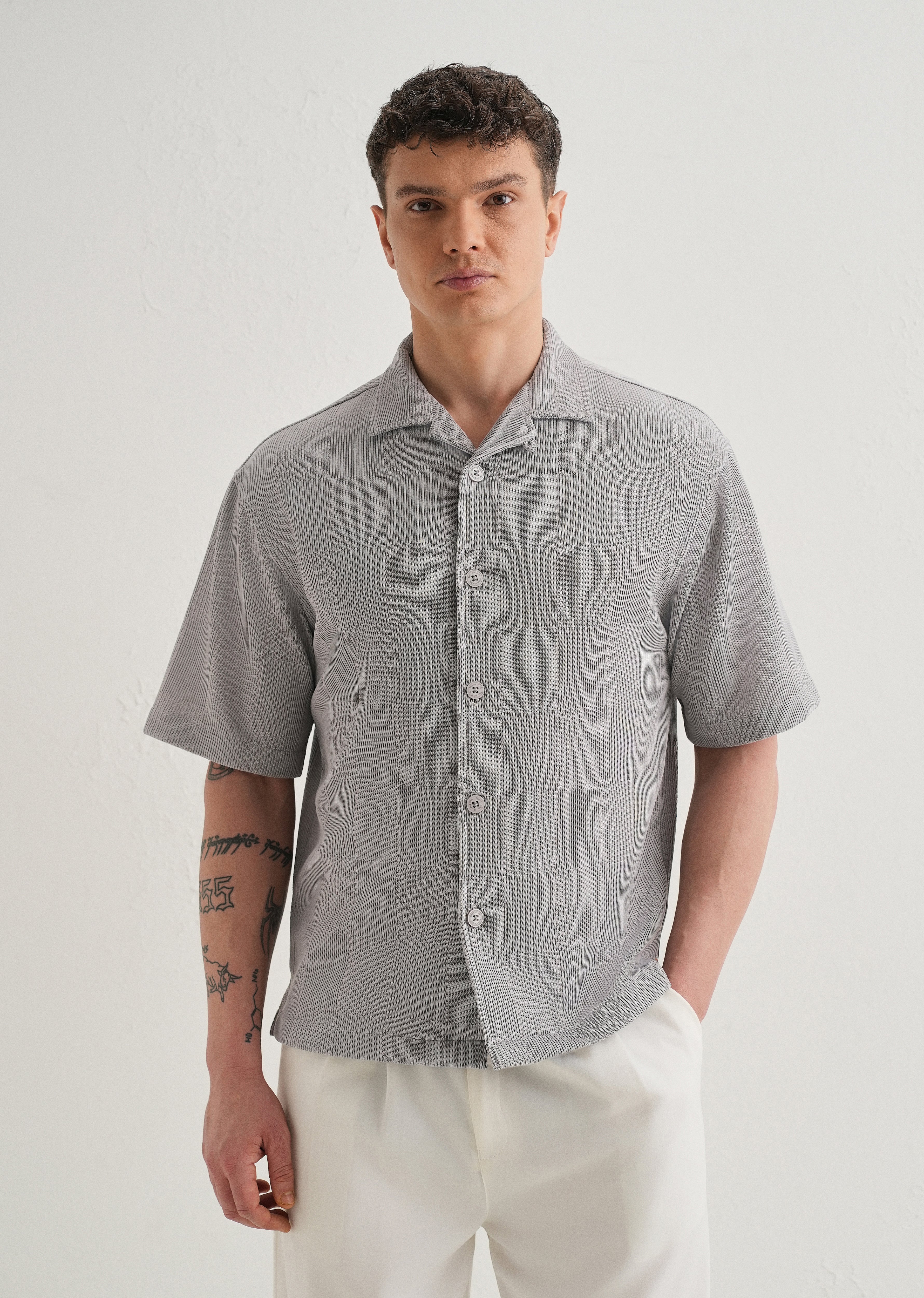 Grey Textured Check Knit Shirt