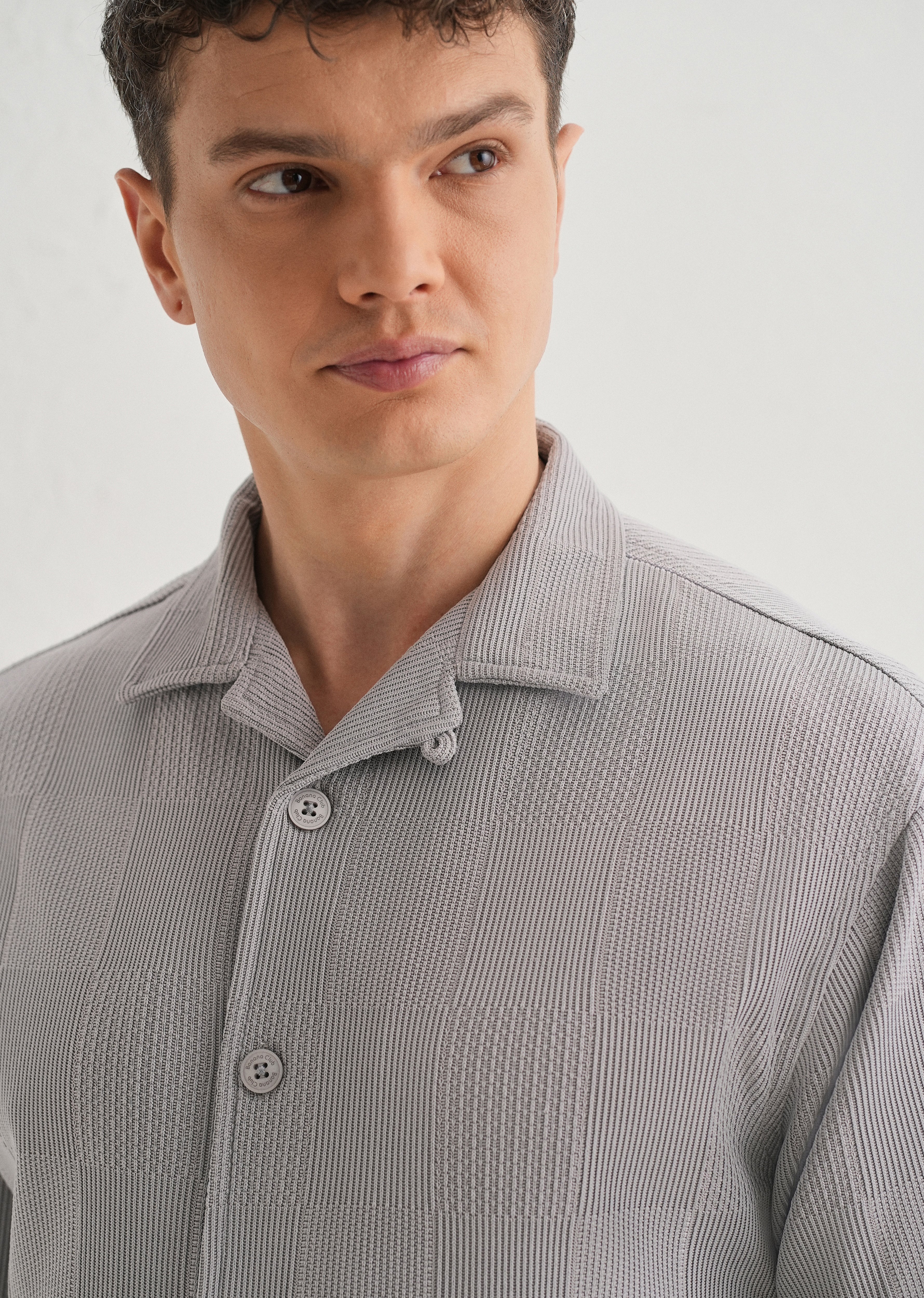 Grey Textured Check Knit Shirt