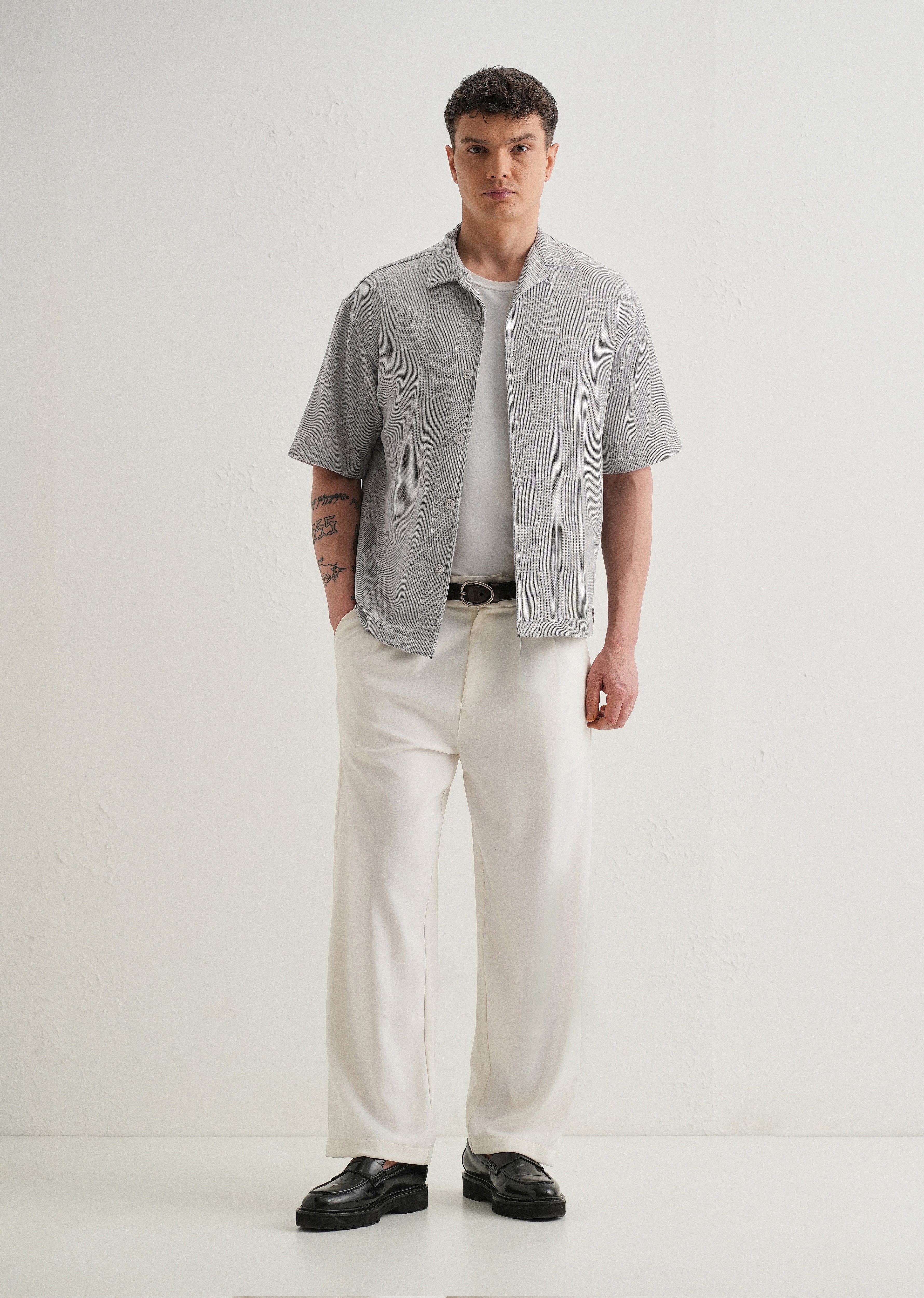 Grey Textured Check Knit Shirt