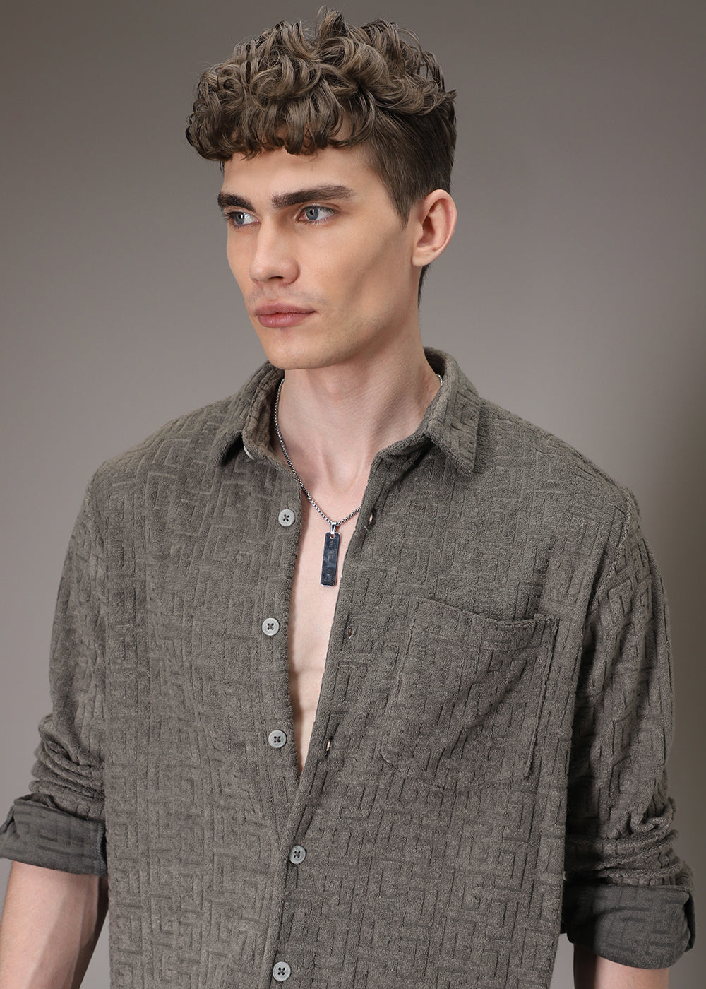Grey Jacquard Towelling Camp Shirt