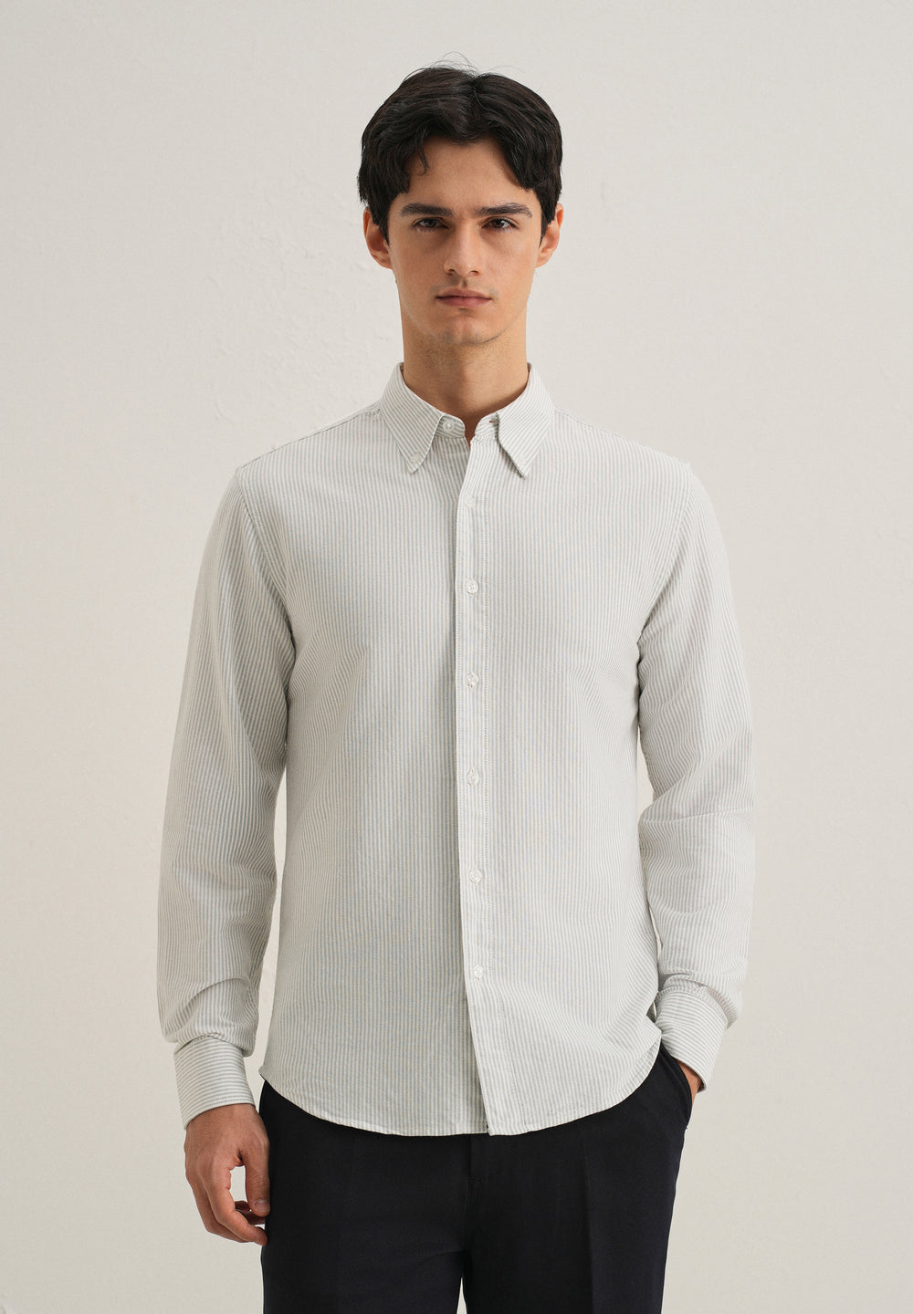 Grey Vertical Striped Cotton Shirt