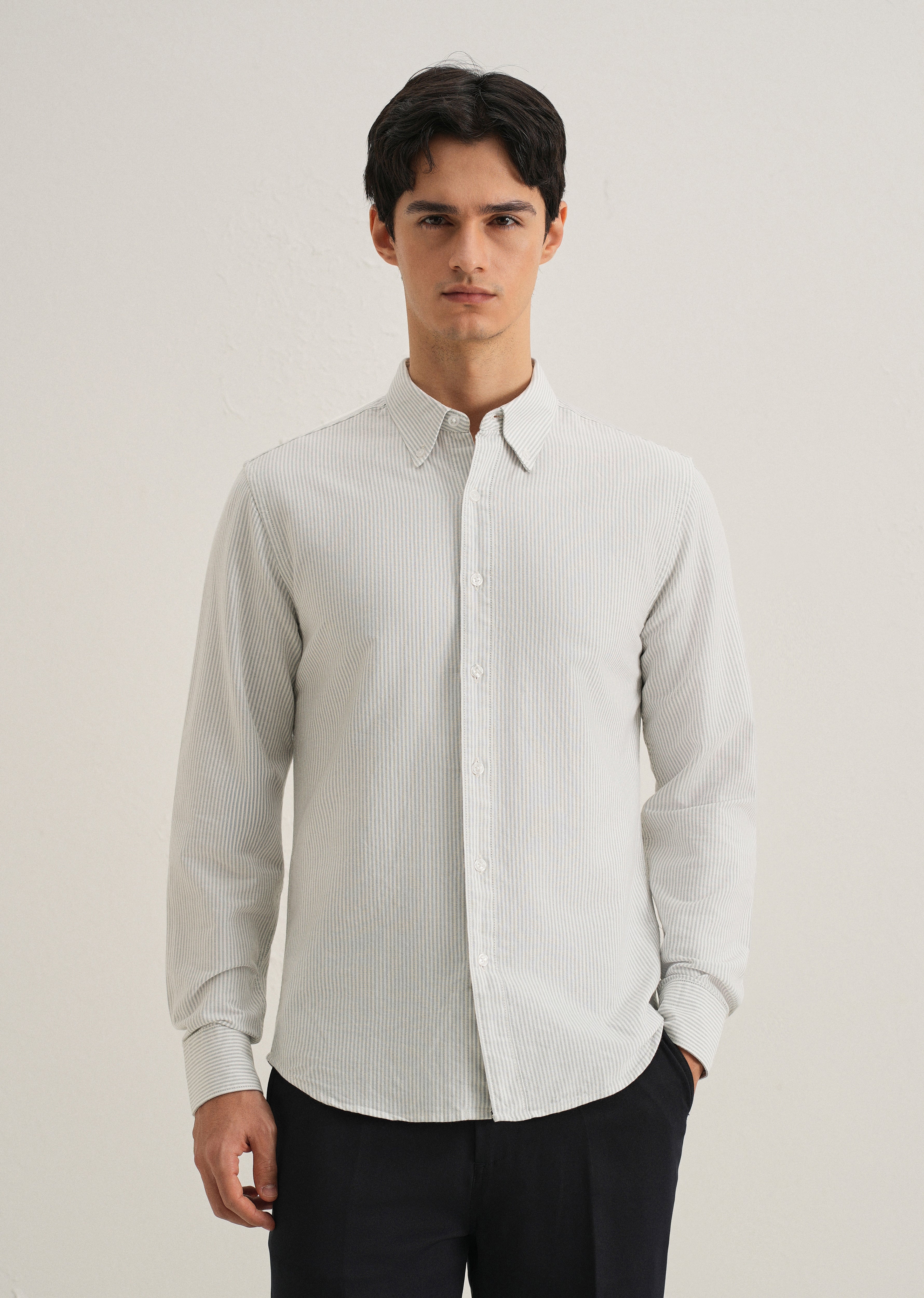 Grey Vertical Striped Cotton Shirt