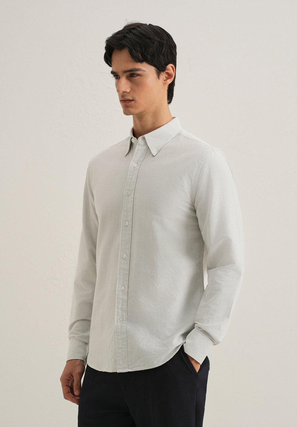 Grey Vertical Striped Cotton Shirt