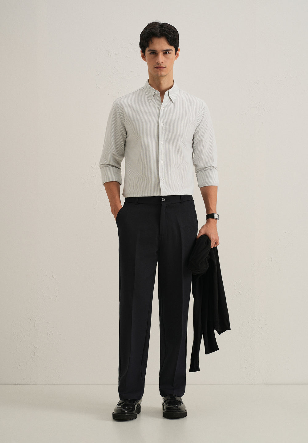 Grey Vertical Striped Cotton Shirt