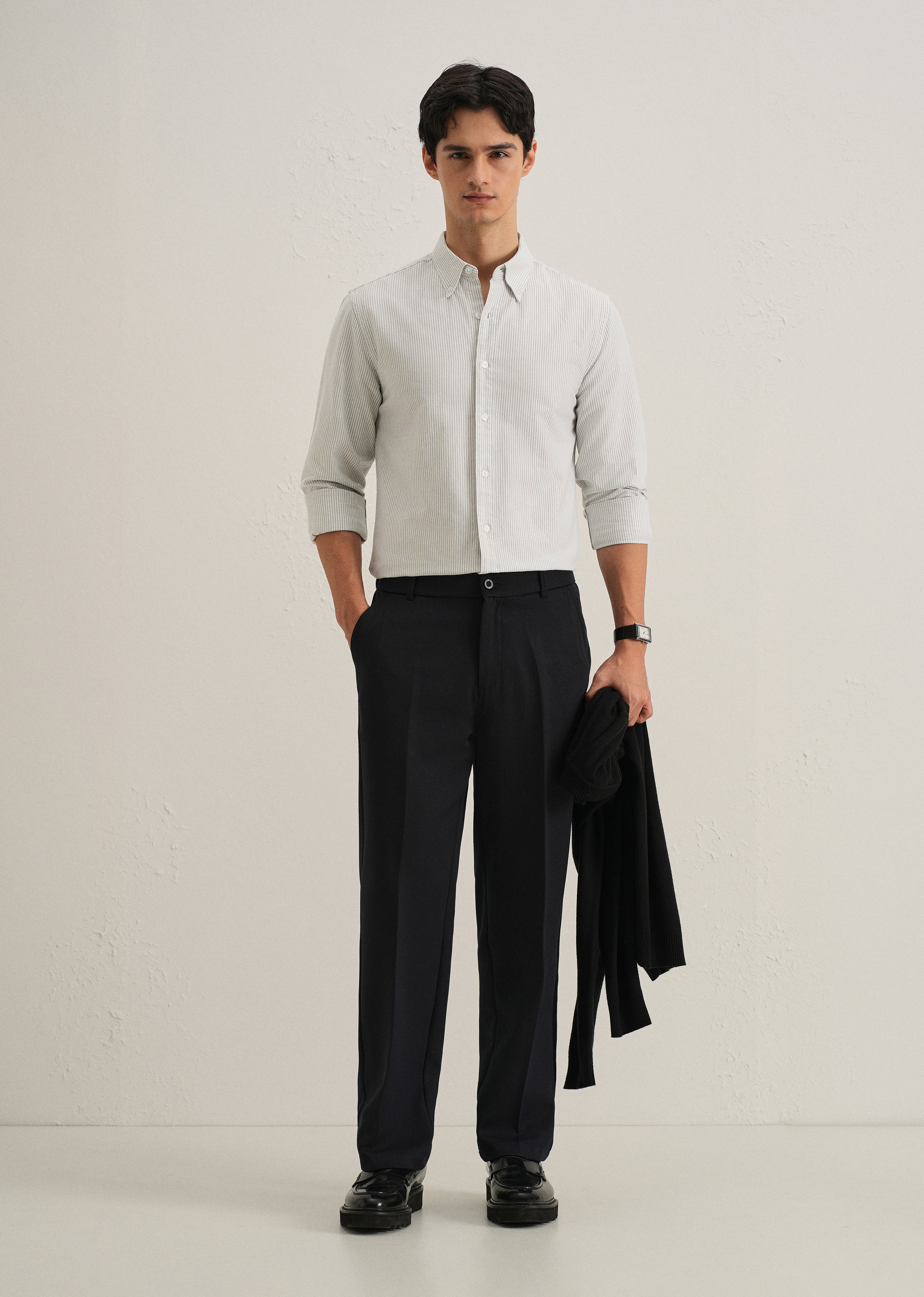 Grey Vertical Striped Cotton Shirt