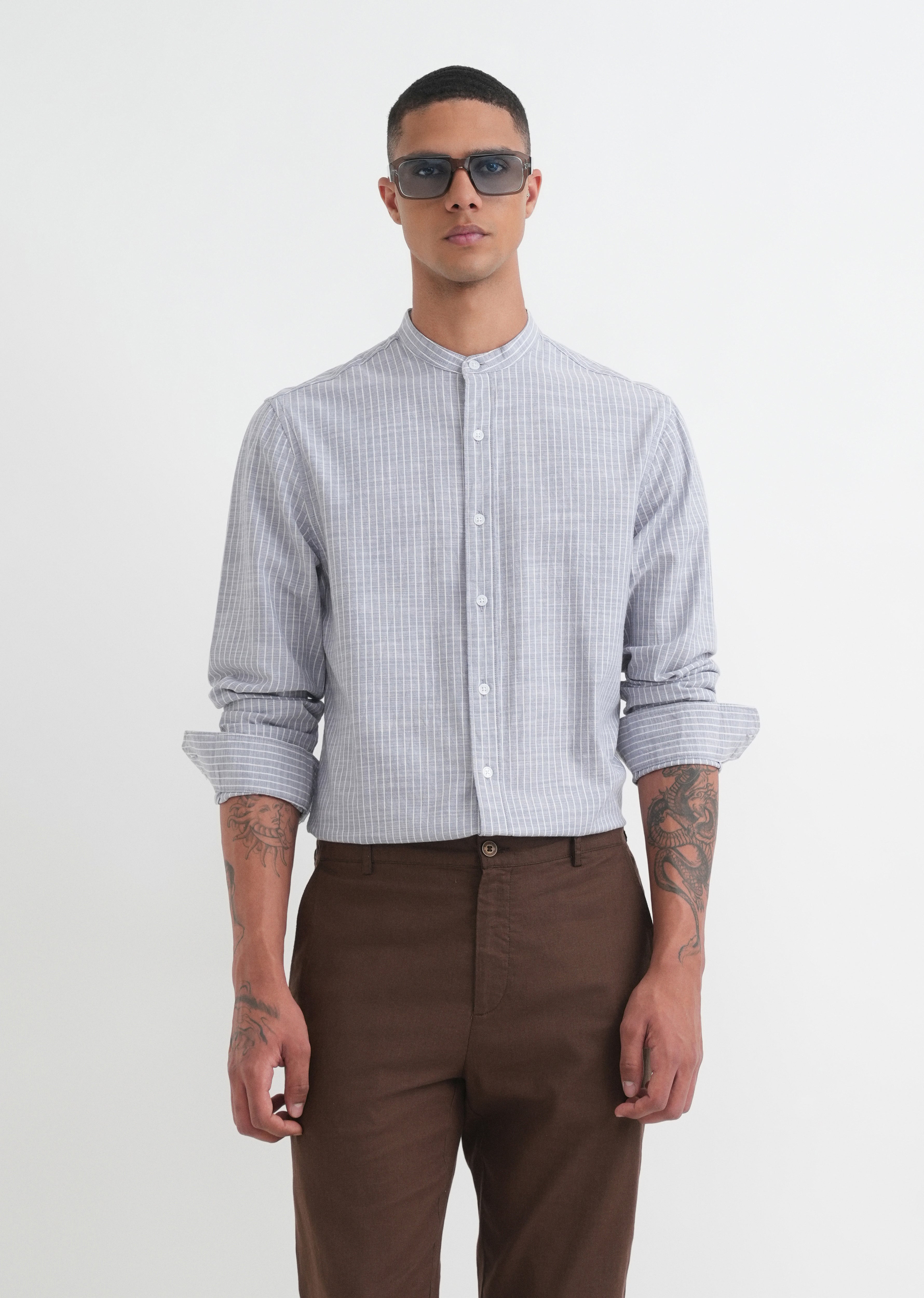 Grey Vertical Striped Cotton Shirt