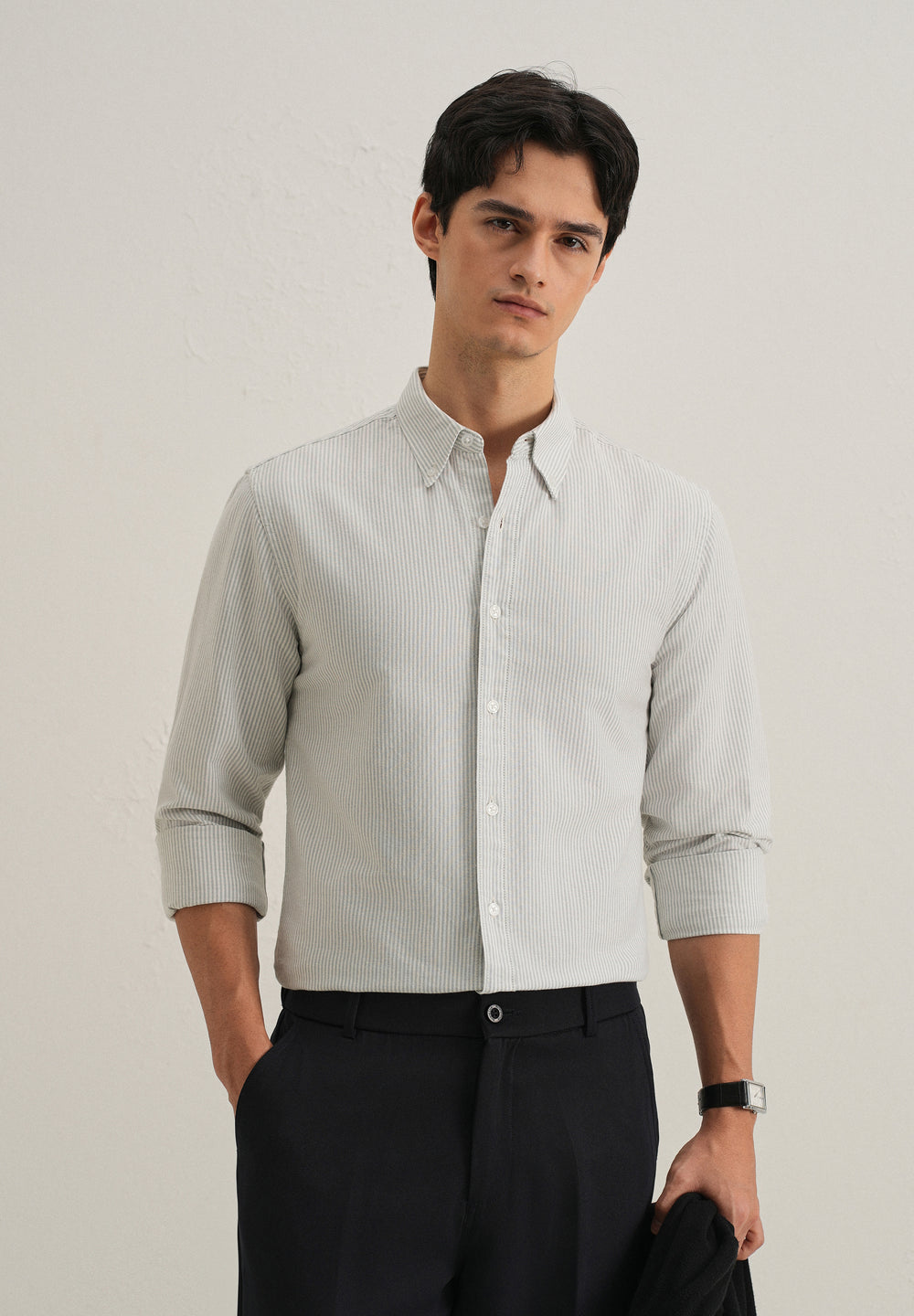 Grey Vertical Striped Cotton Shirt