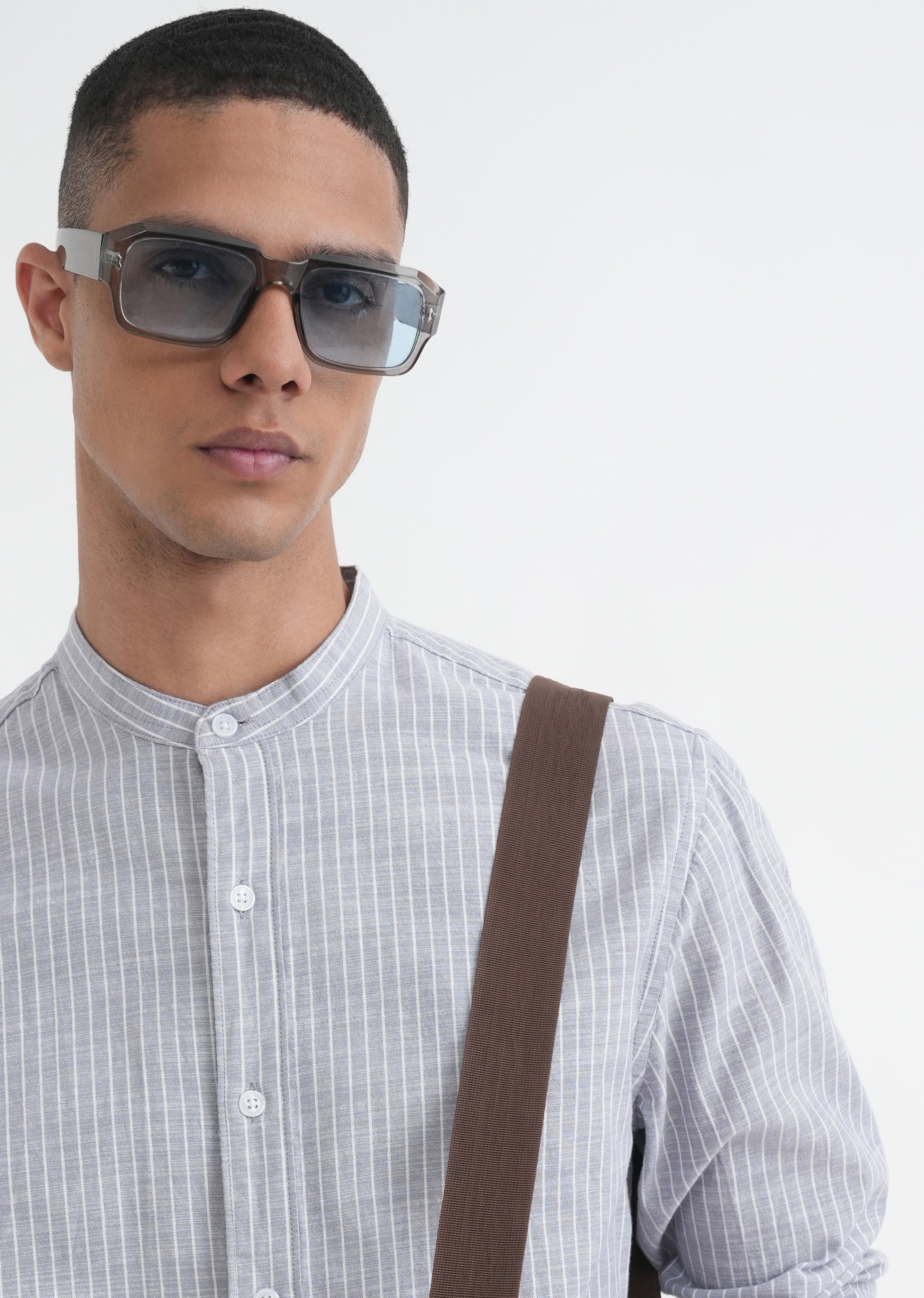 Grey Vertical Striped Cotton Shirt