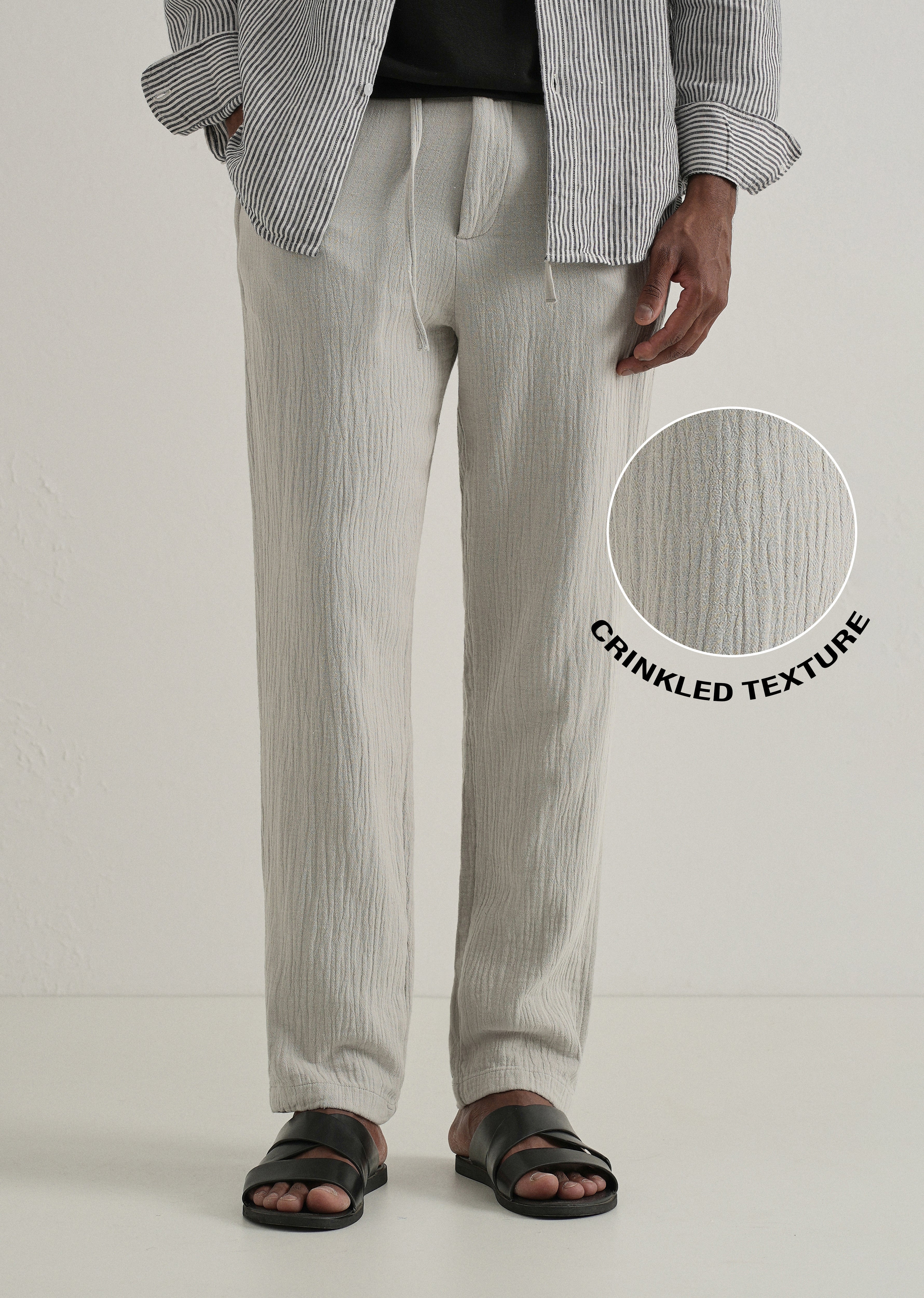 Grey Crinkled Cotton Trouser