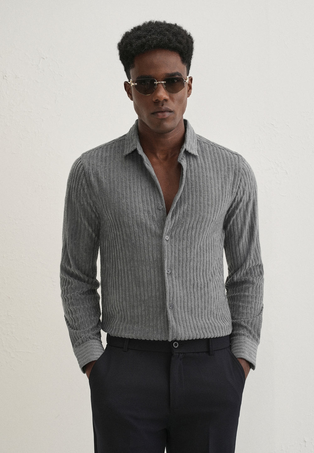 Grey Plain Corduroy Stripe Shirt