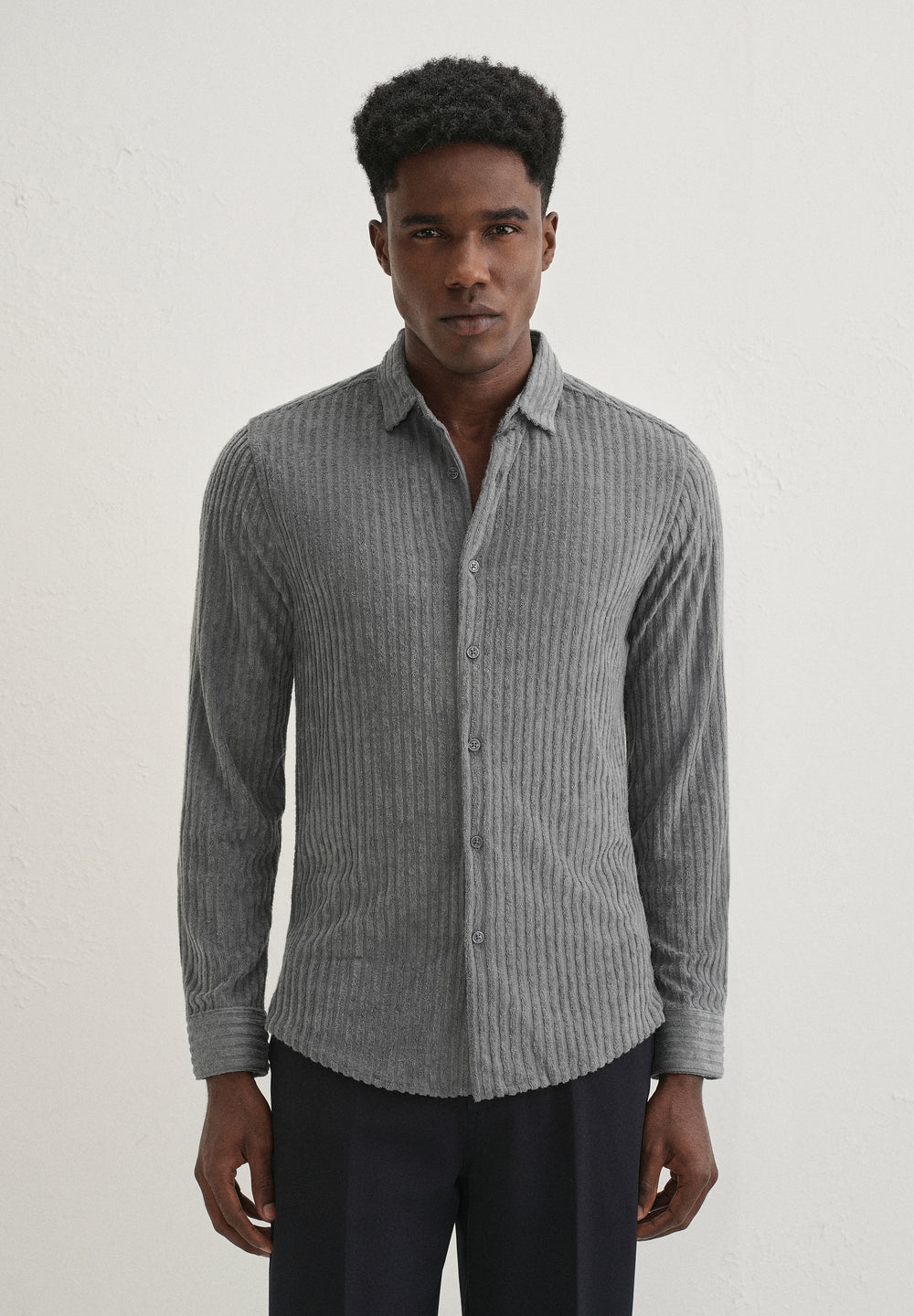 Grey Plain Corduroy Stripe Shirt