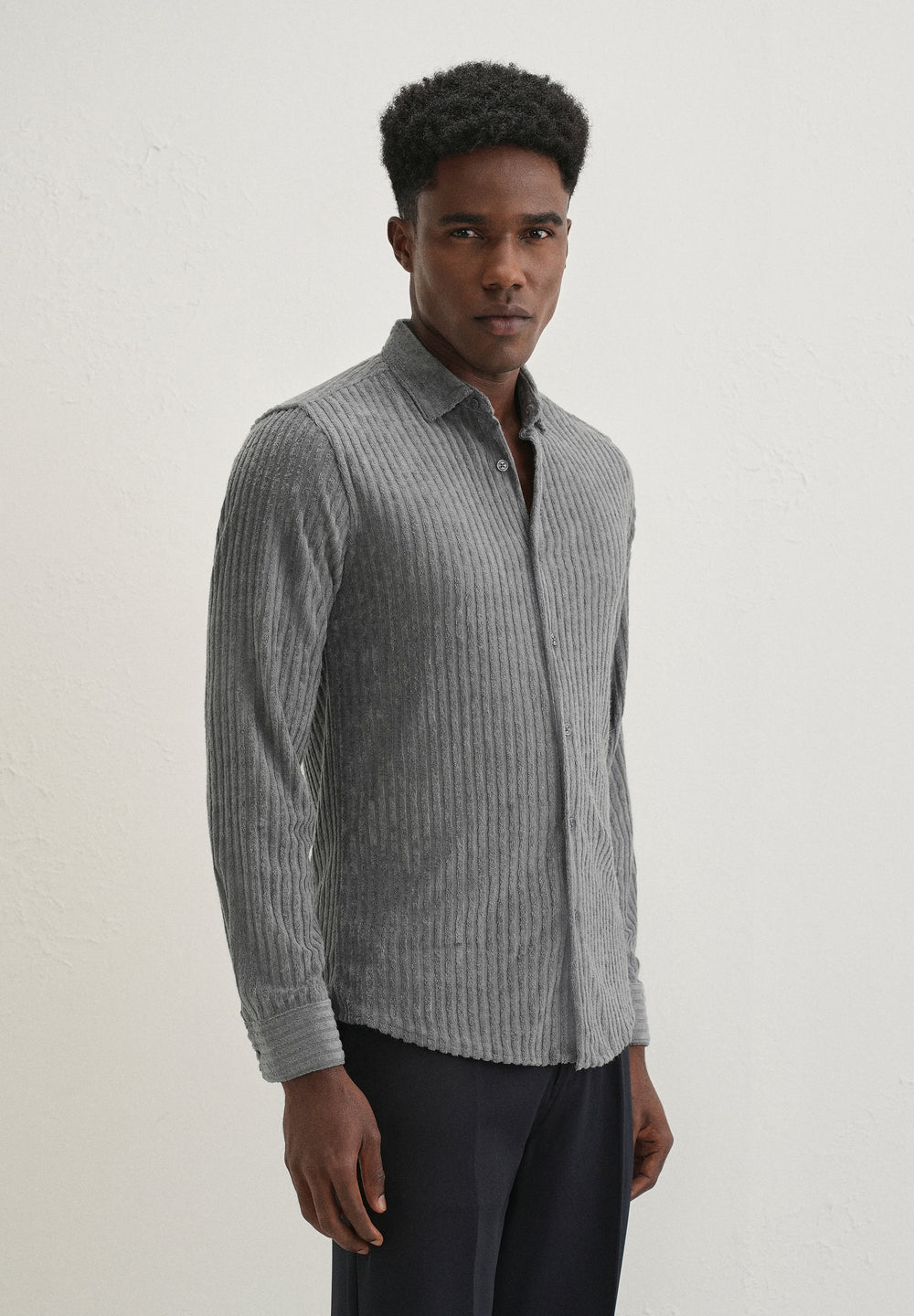 Grey Plain Corduroy Stripe Shirt