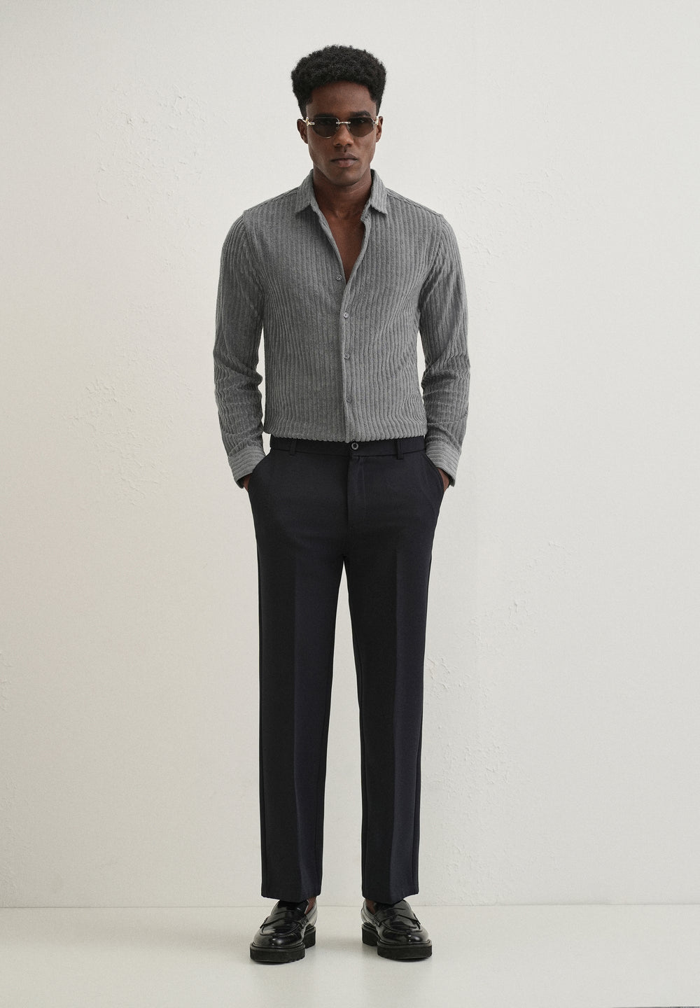 Grey Plain Corduroy Stripe Shirt