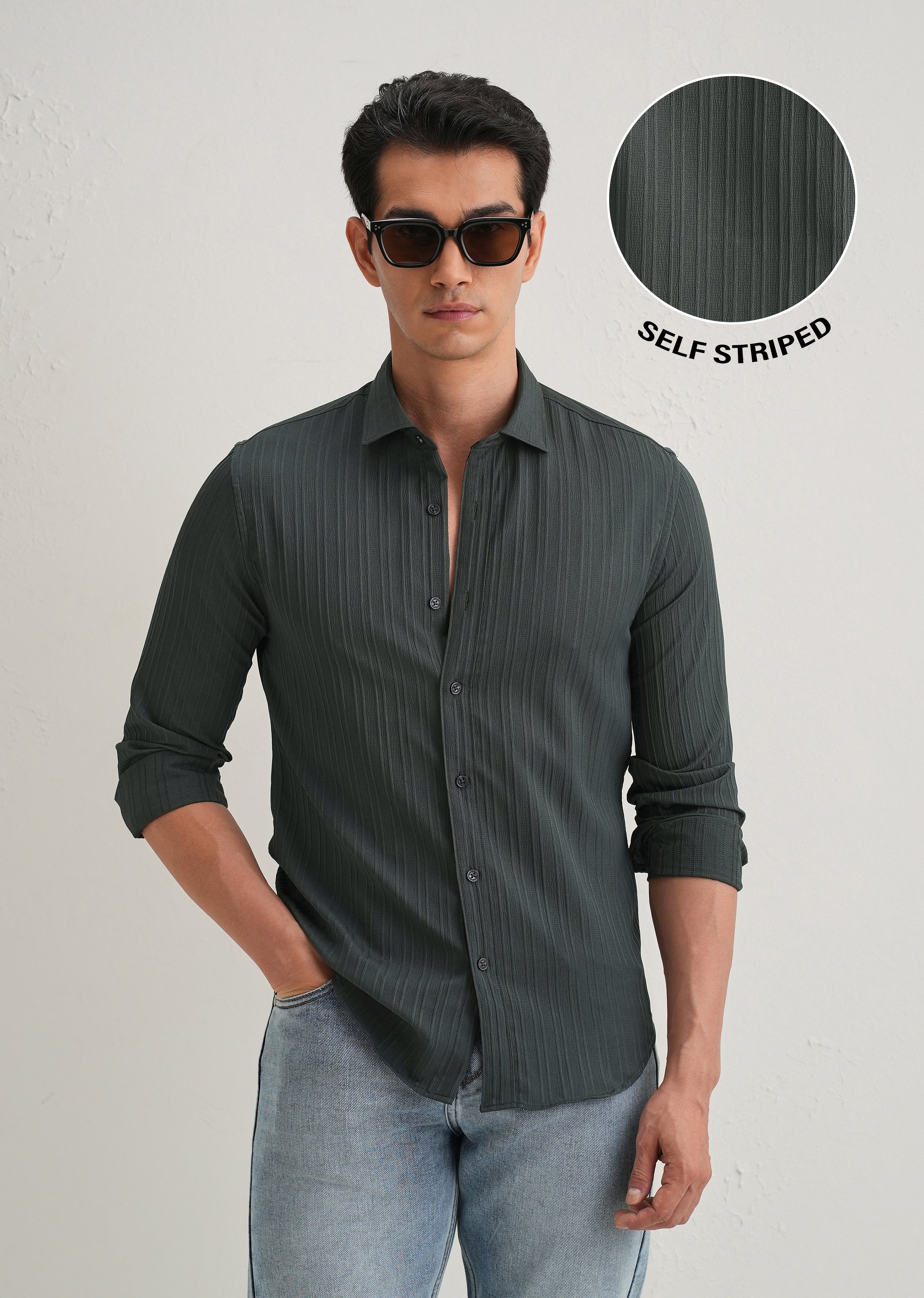 Grey Plain Self Striped Shirt