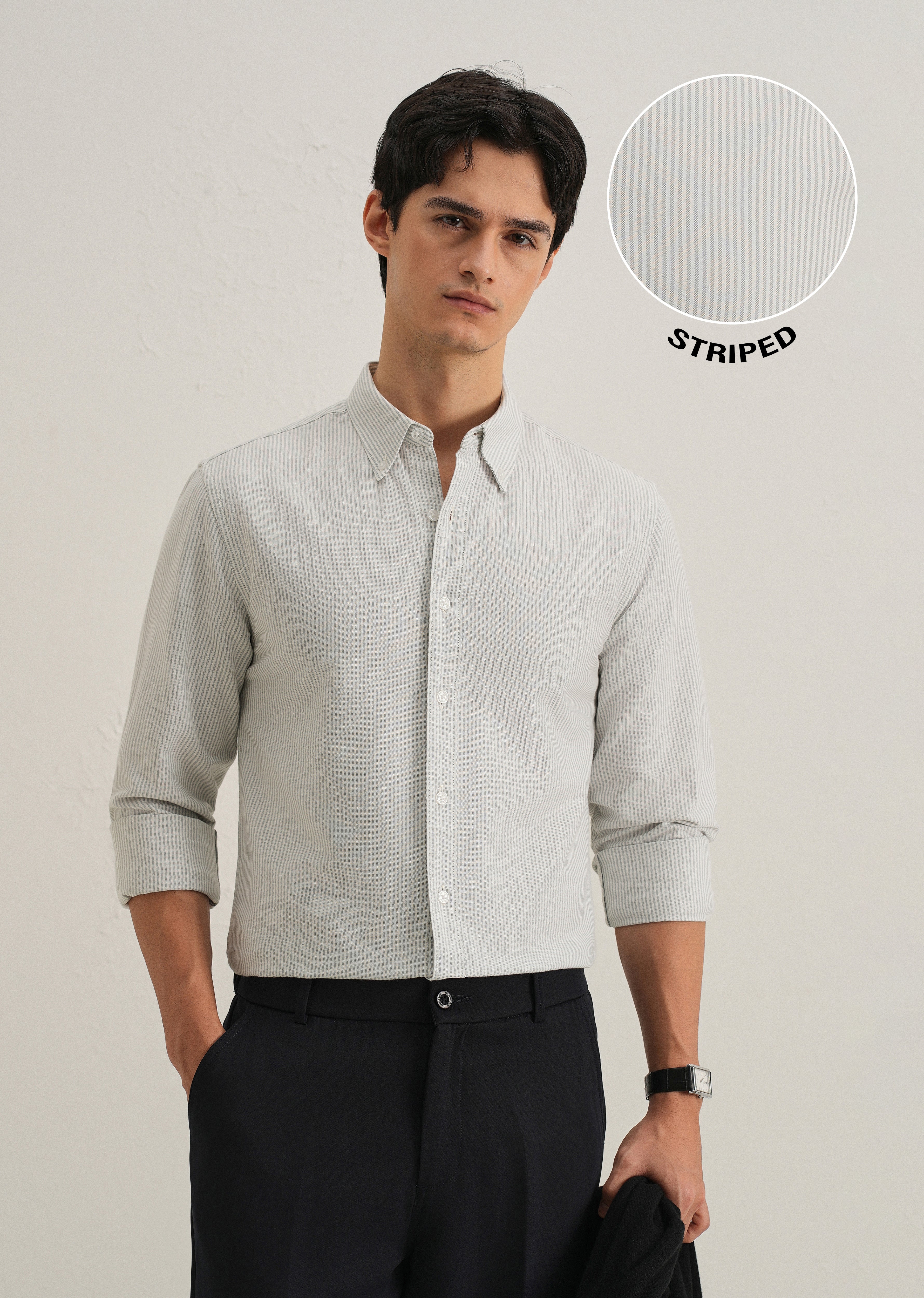 Grey Vertical Striped Cotton Shirt
