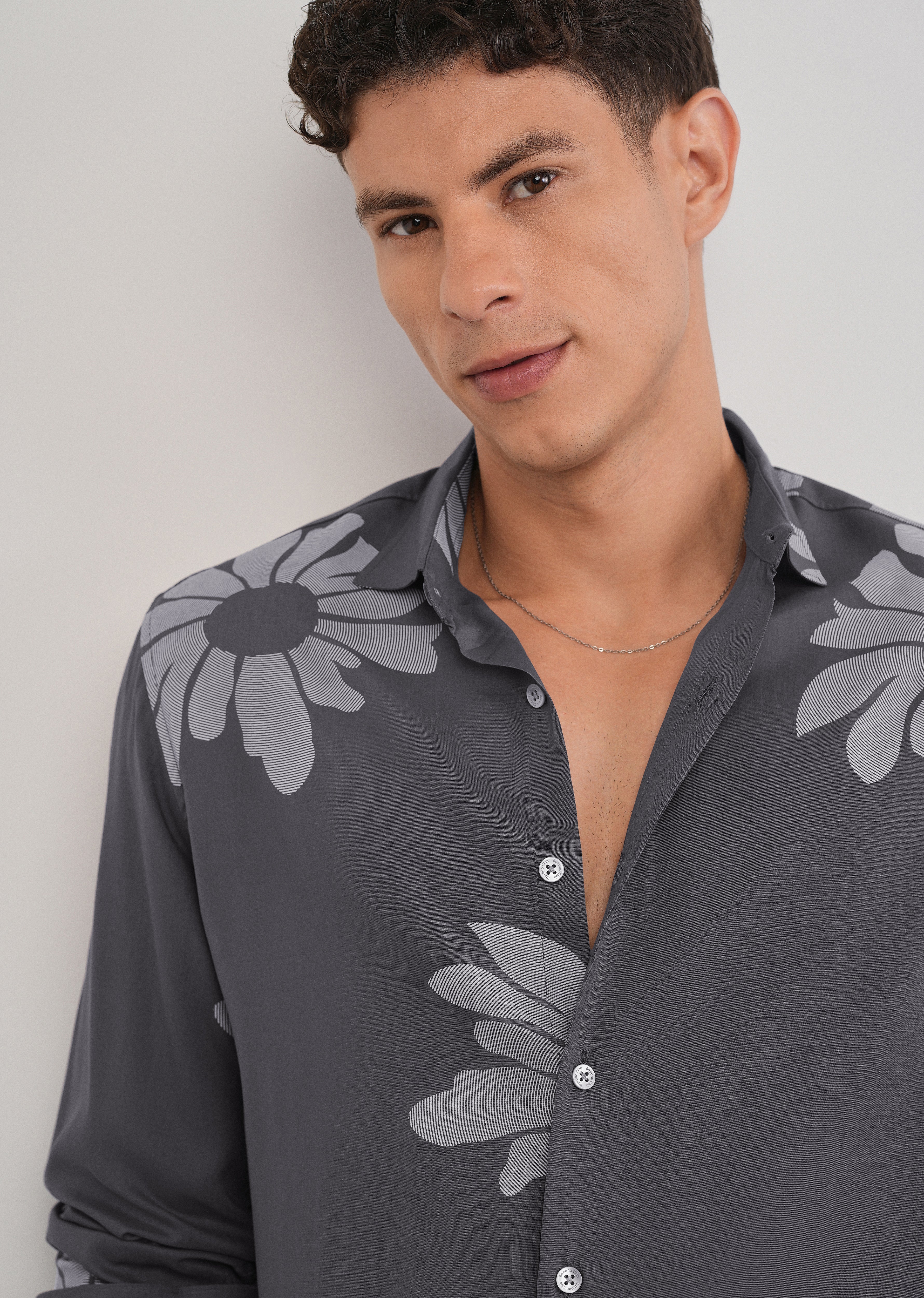 Grey Linear Floral Print Shirt