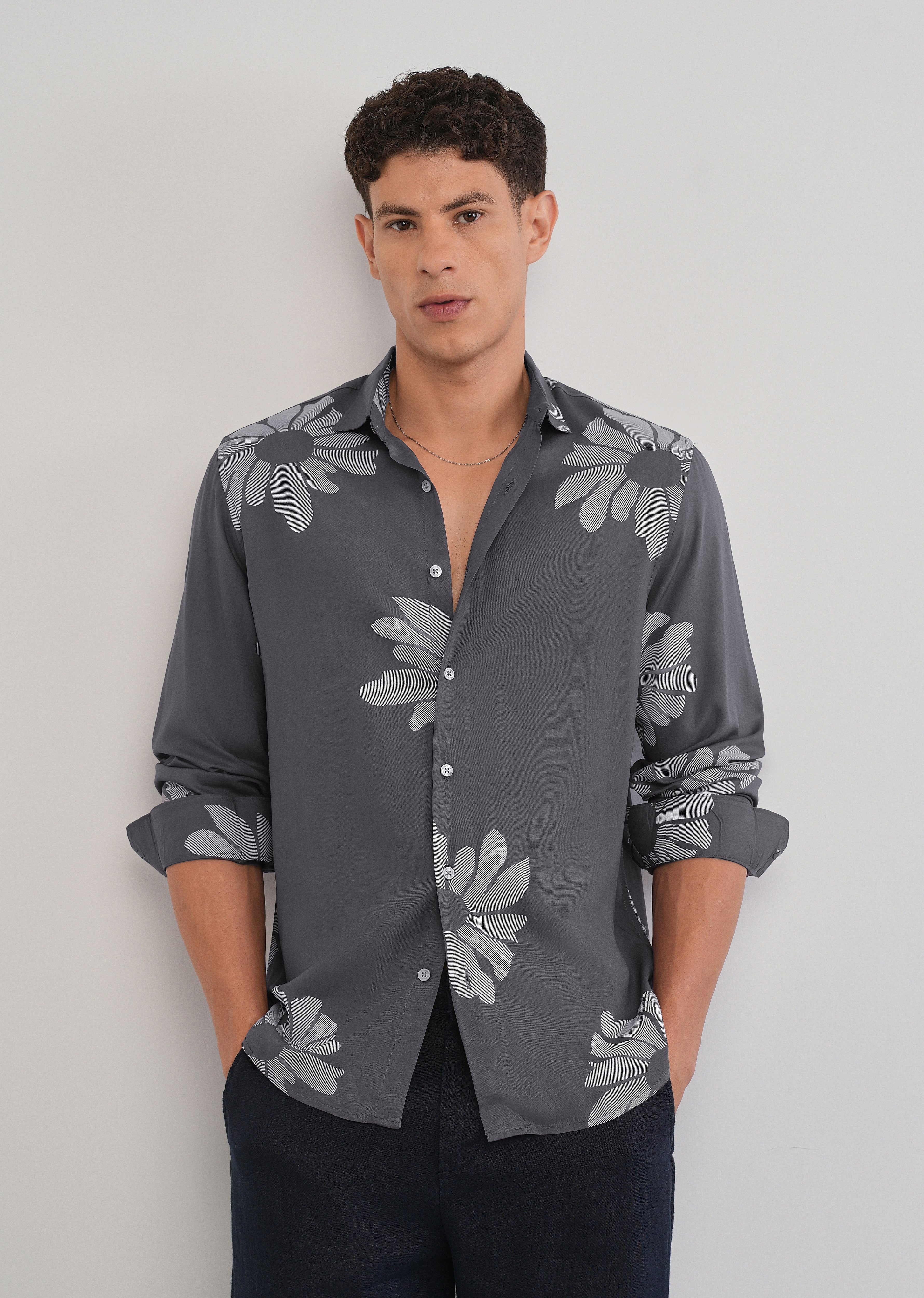 Grey Linear Floral Print Shirt
