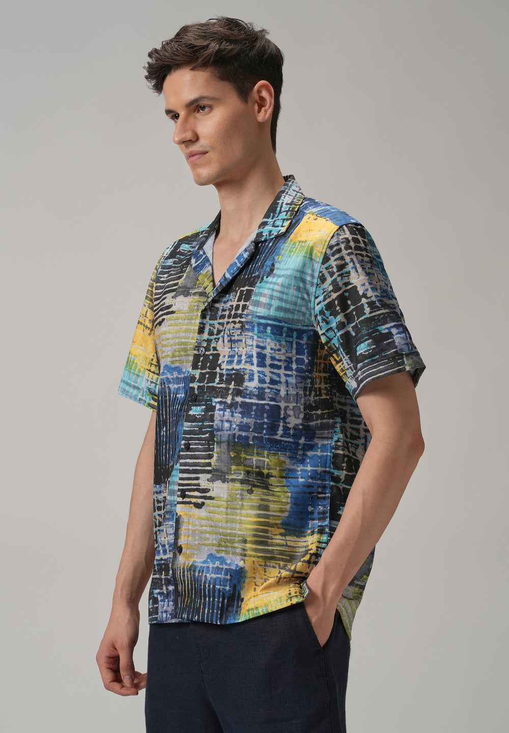 Grid Brush Stroke Half Sleeve Shirt