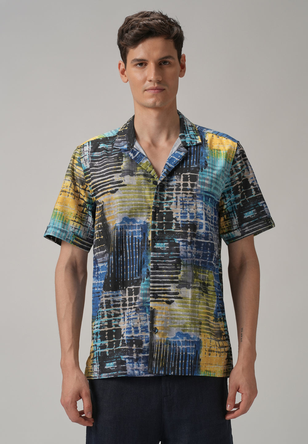 Grid Brush Stroke Half Sleeve Shirt
