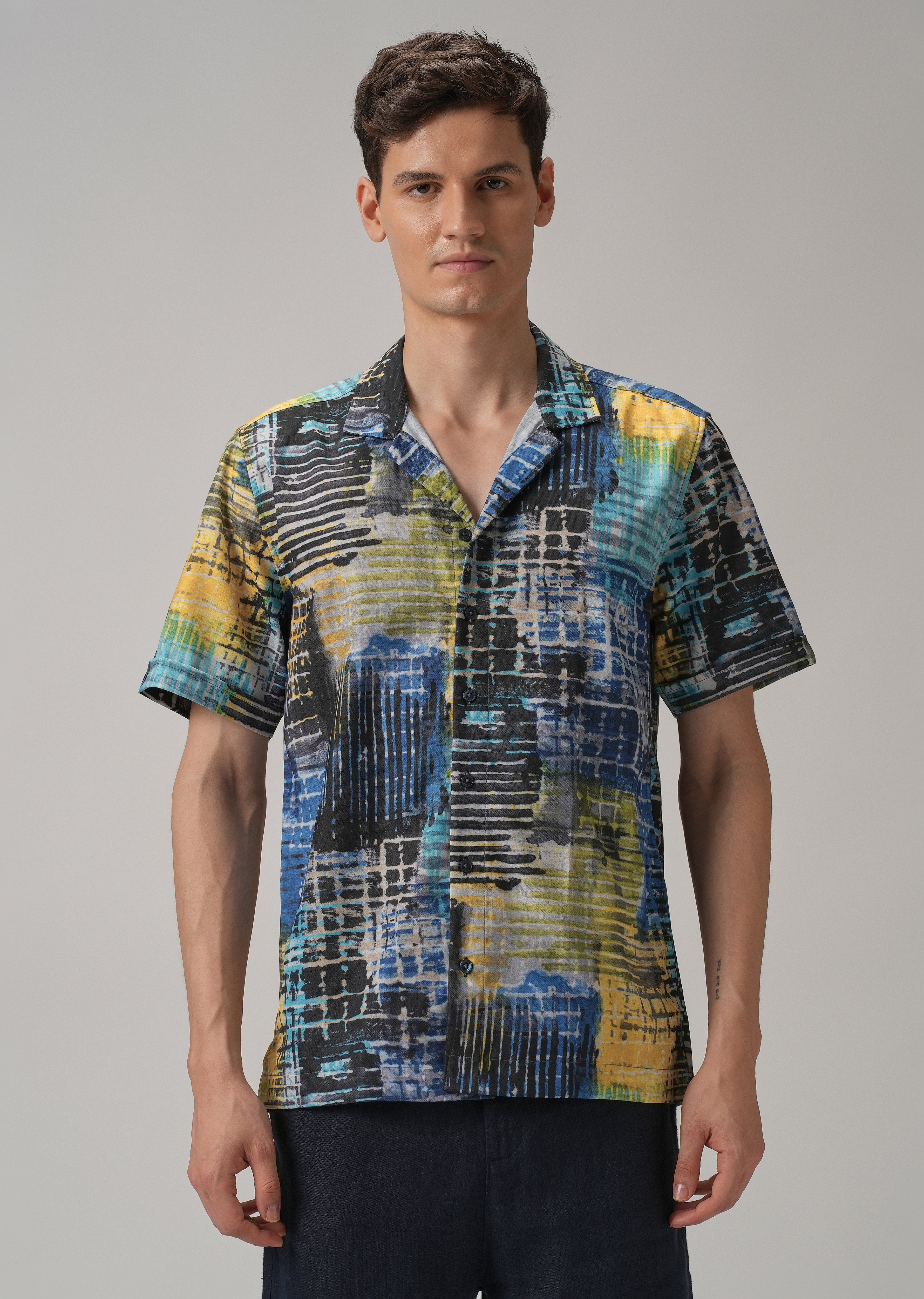 Grid Brush Stroke Half Sleeve Shirt