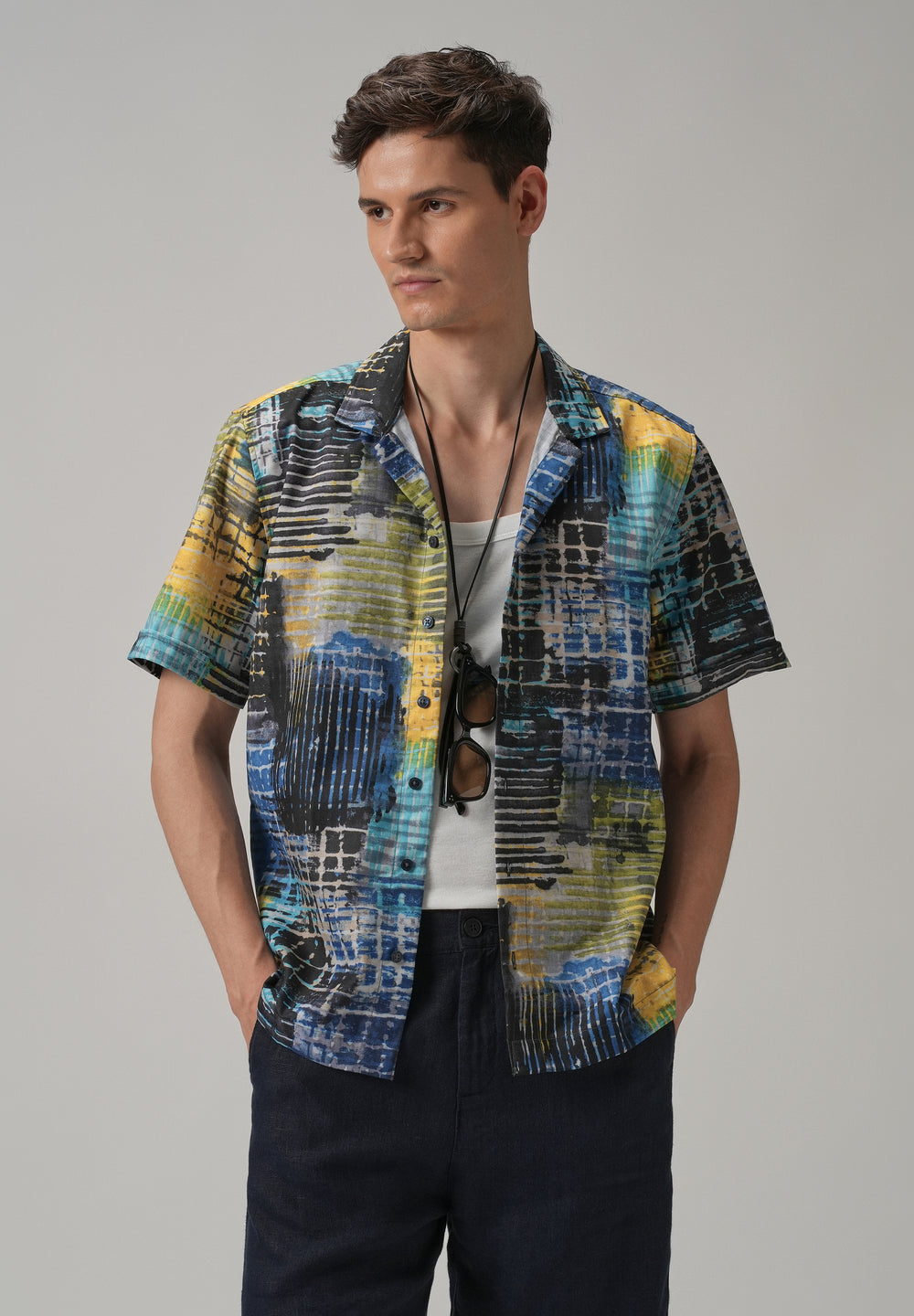 Grid Brush Stroke Half Sleeve Shirt