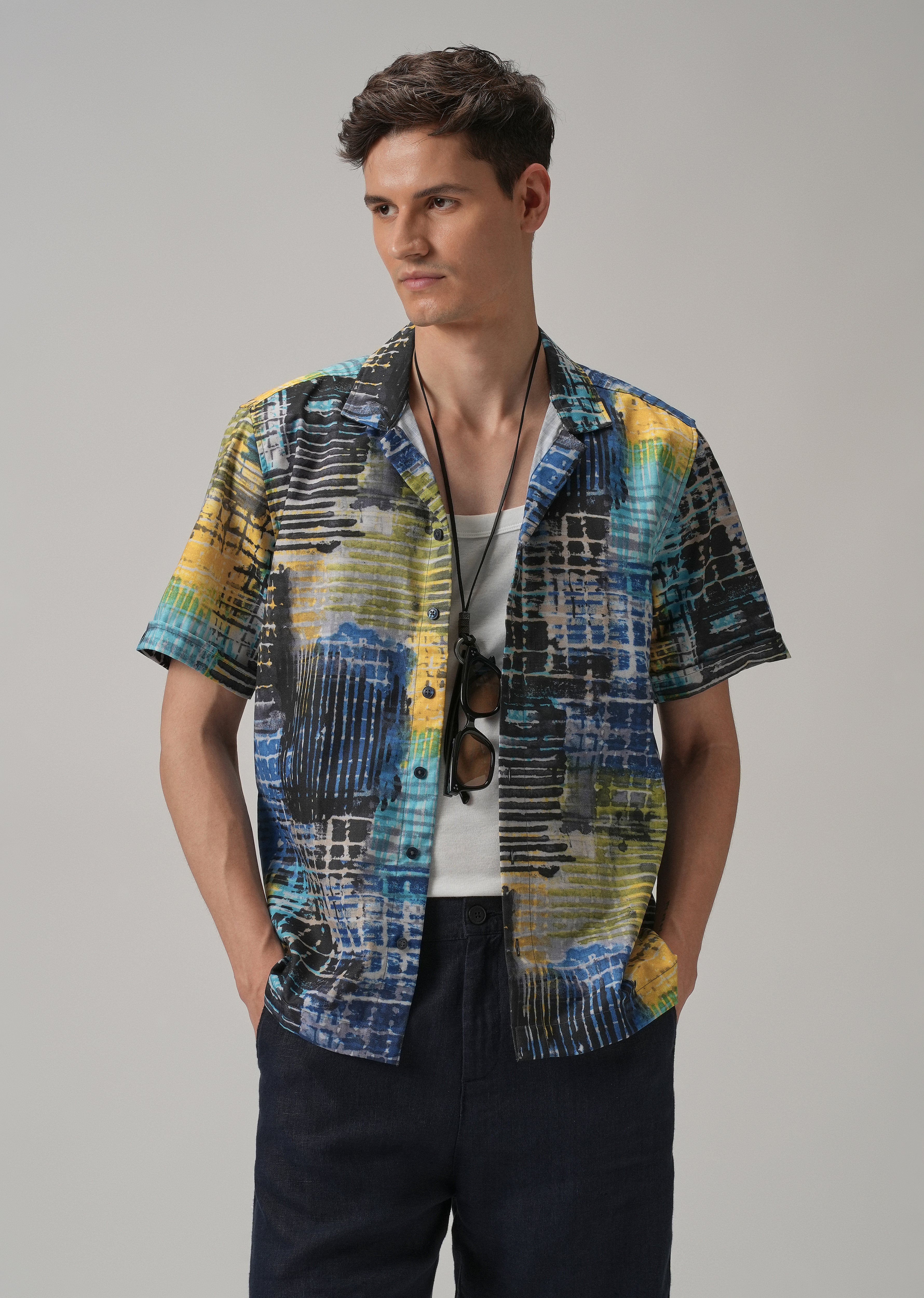 Grid Brush Stroke Half Sleeve Shirt