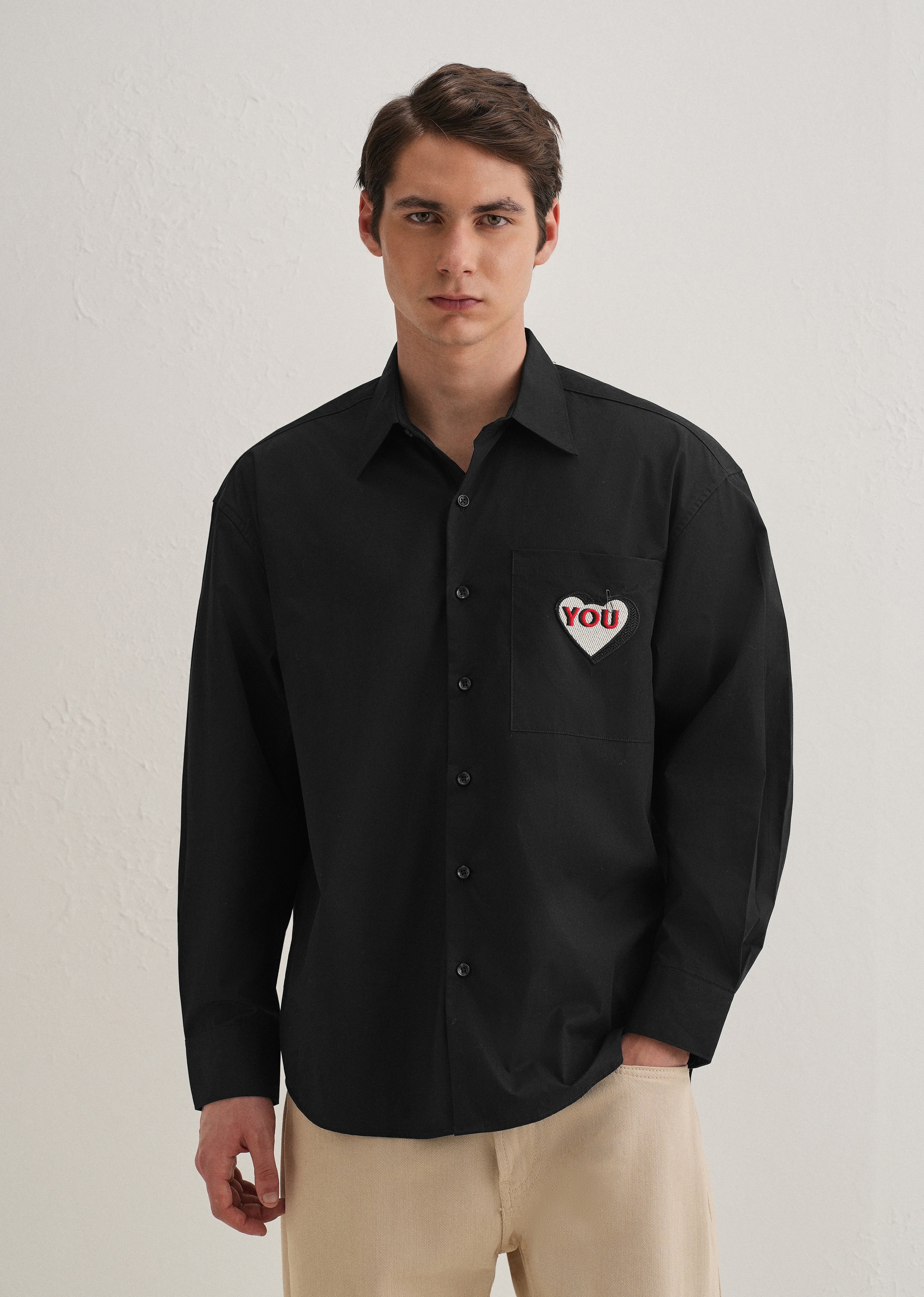 Heart Accent Applique Black Cotton Shirt