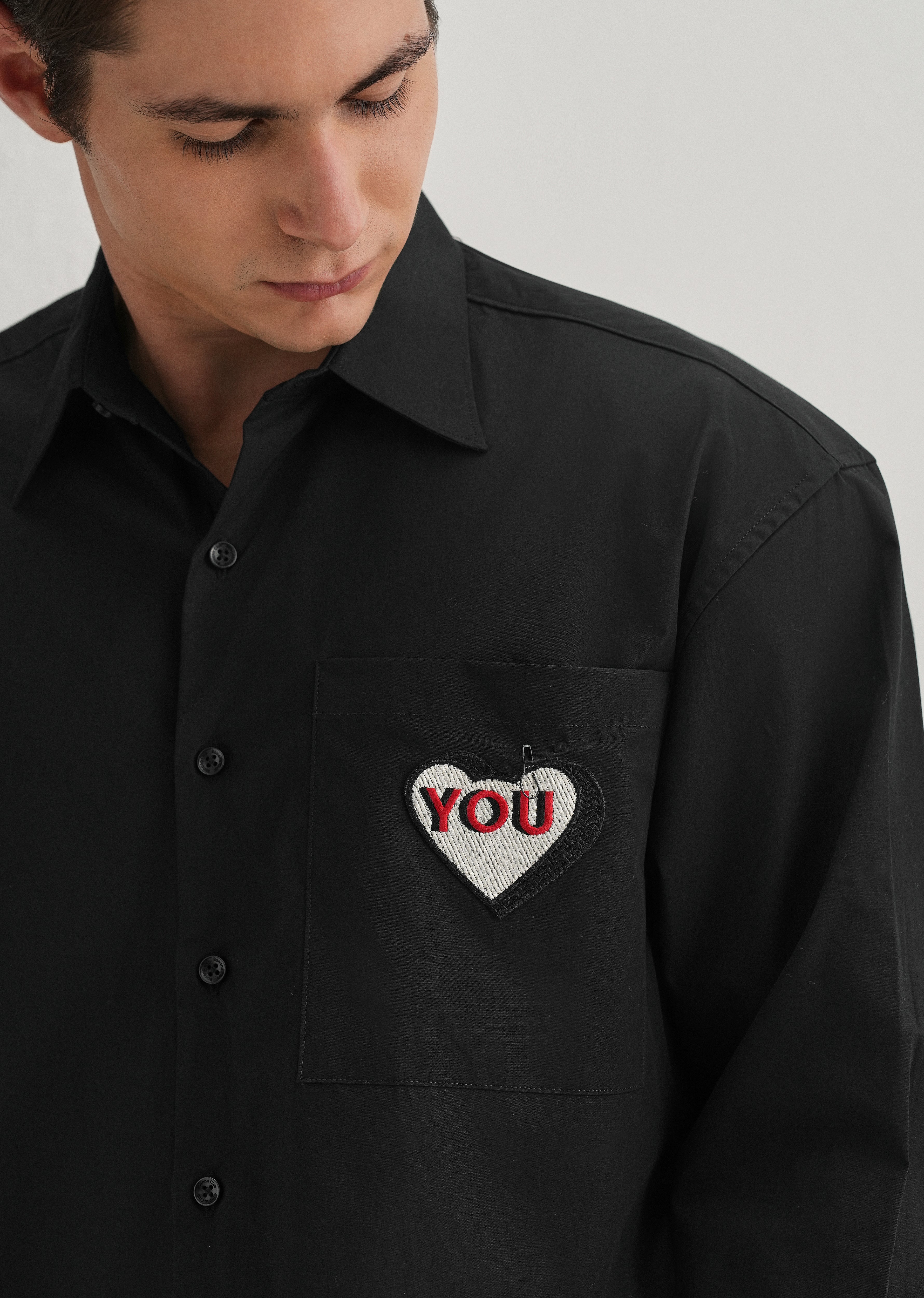Heart Accent Applique Black Cotton Shirt