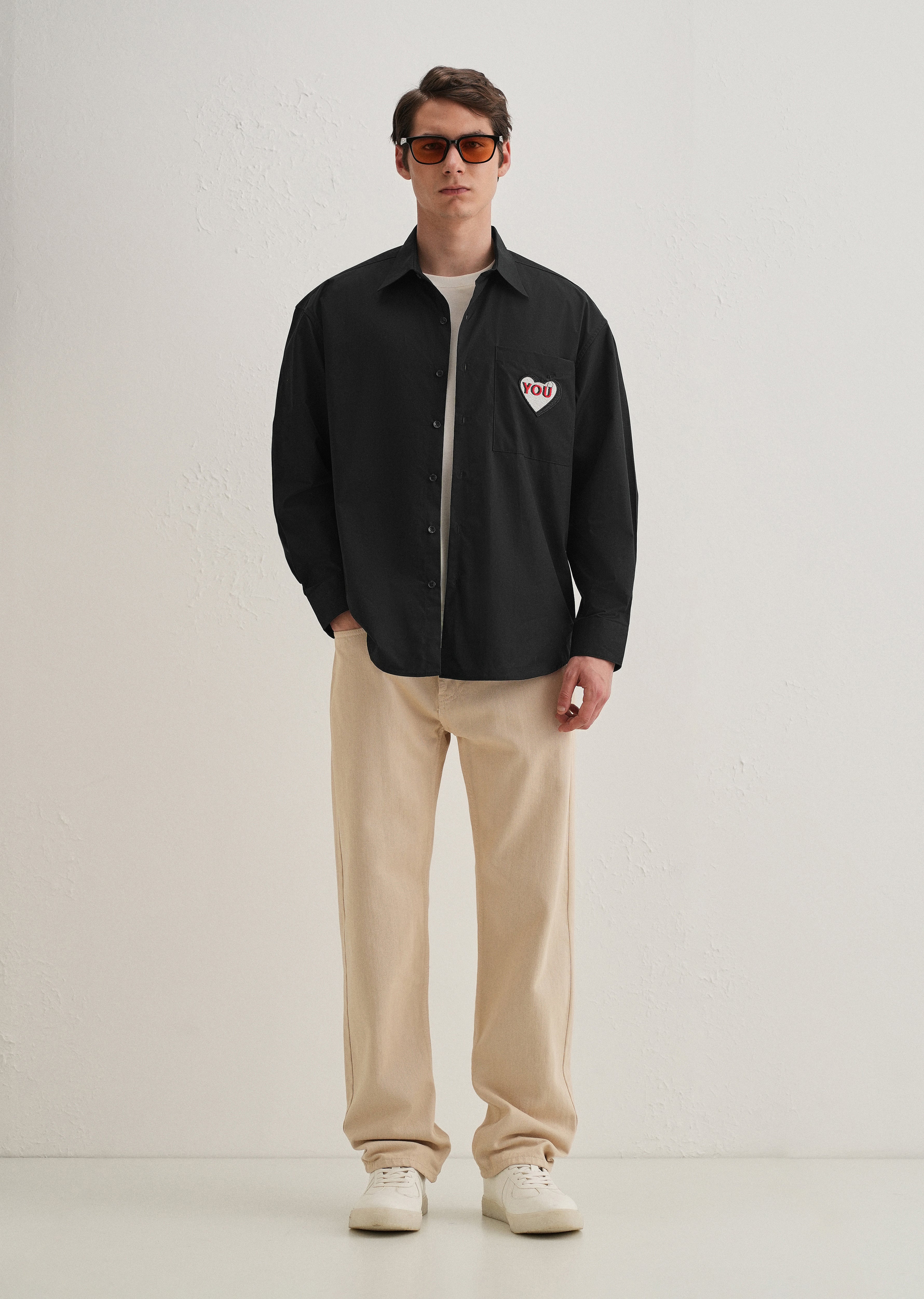 Heart Accent Applique Black Cotton Shirt