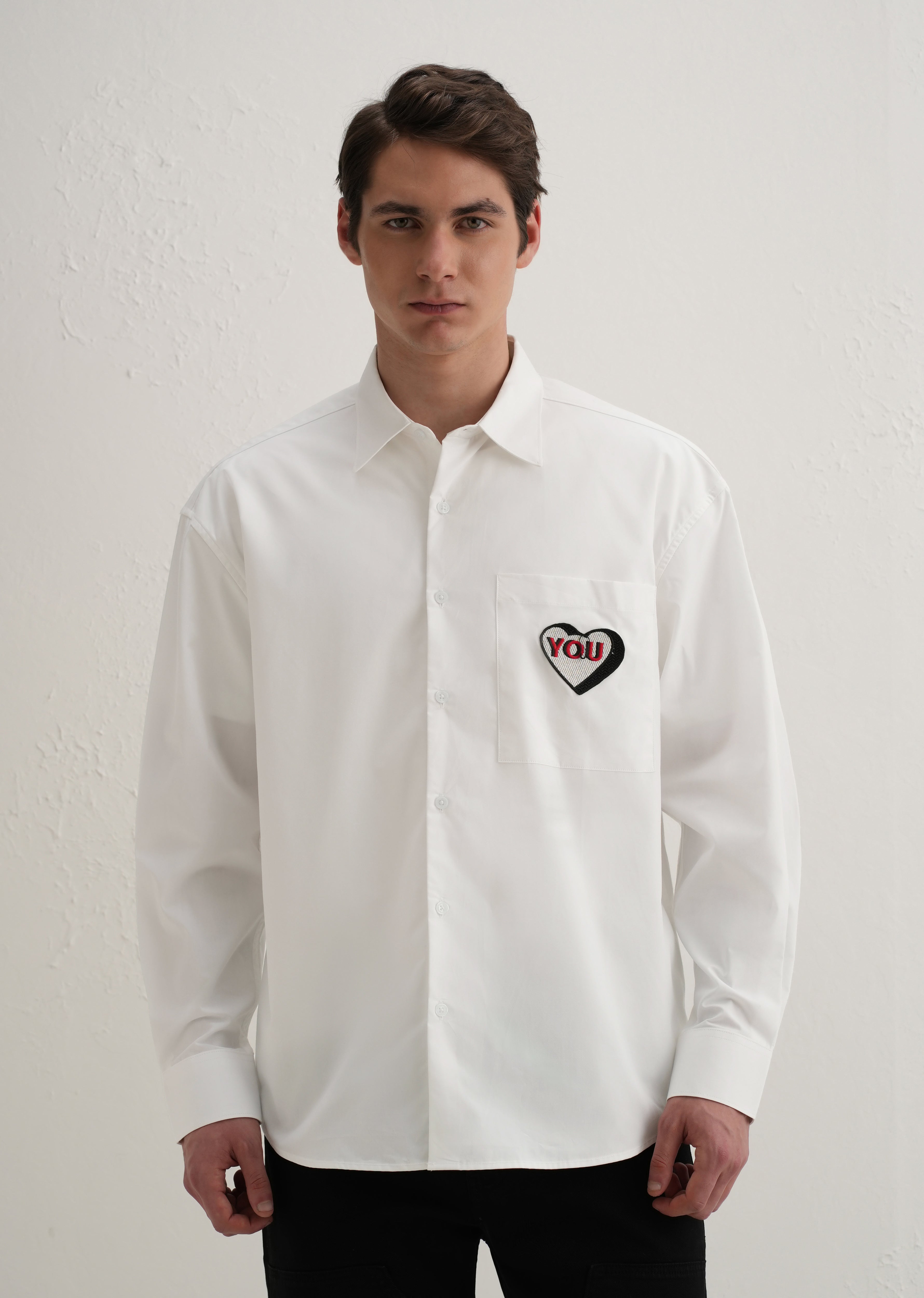 Heart Accent Applique White Cotton Shirt