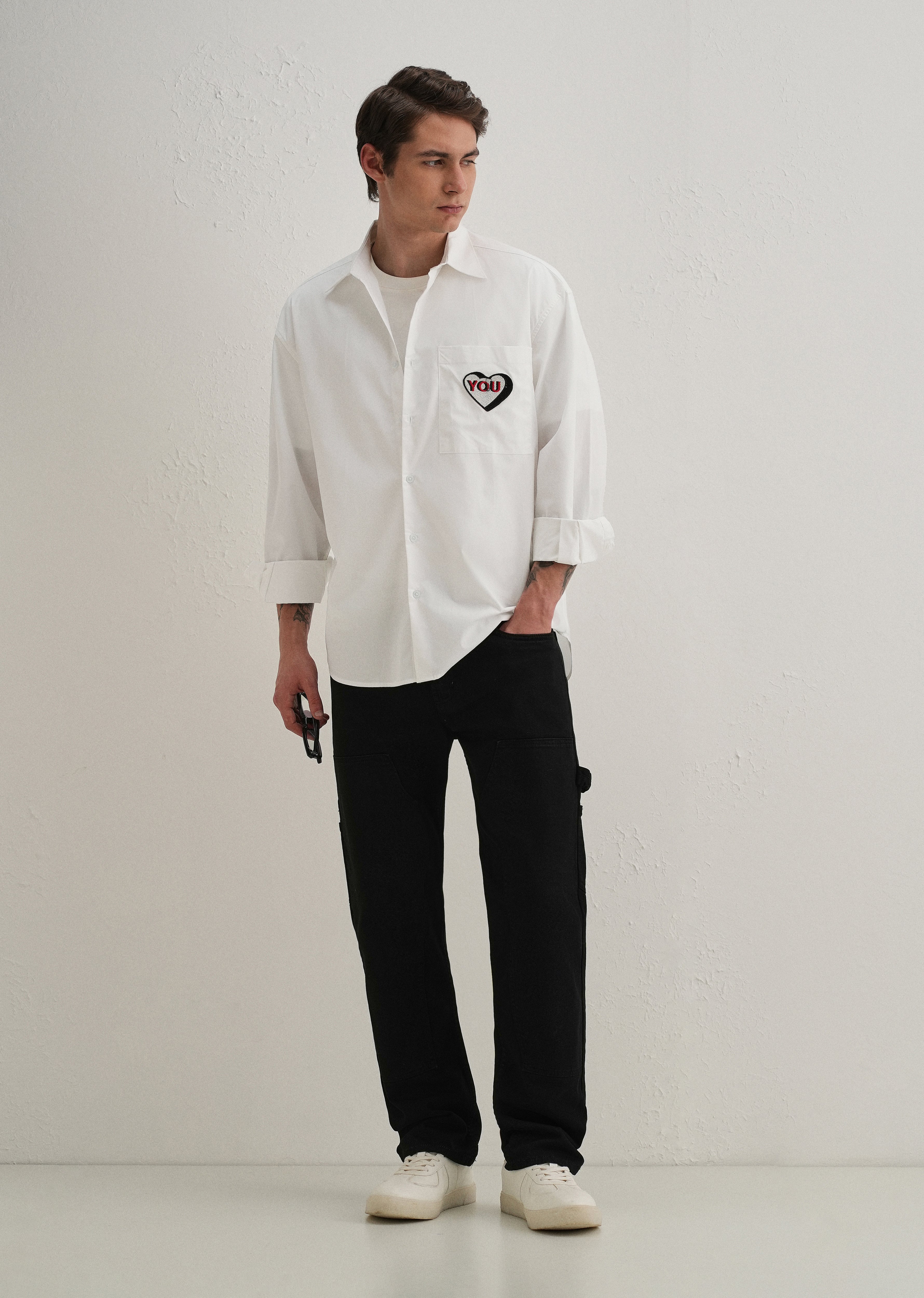 Heart Accent Applique White Cotton Shirt