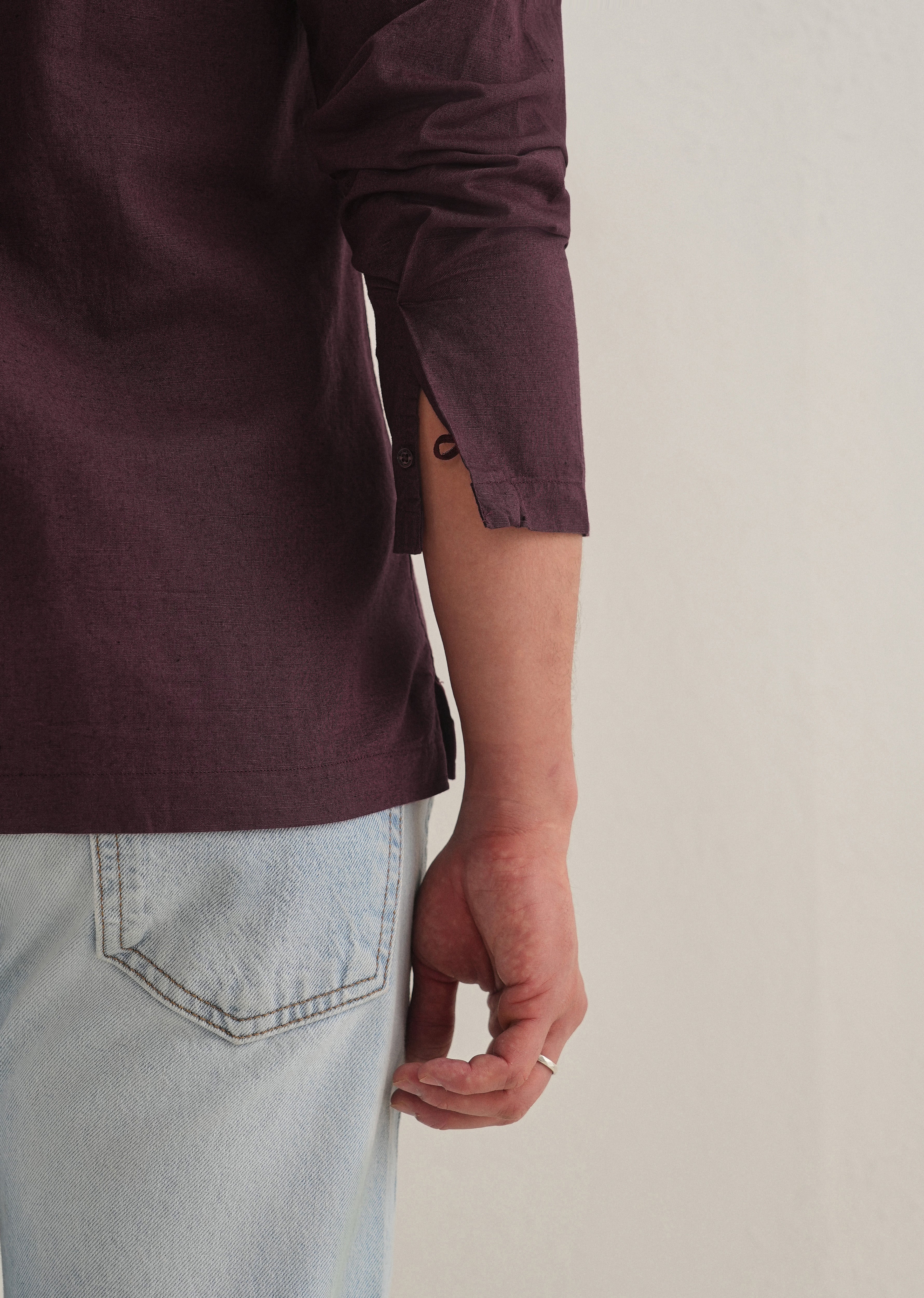 Burgundy Hidden Sleeve Placket Cotton Linen Shirt