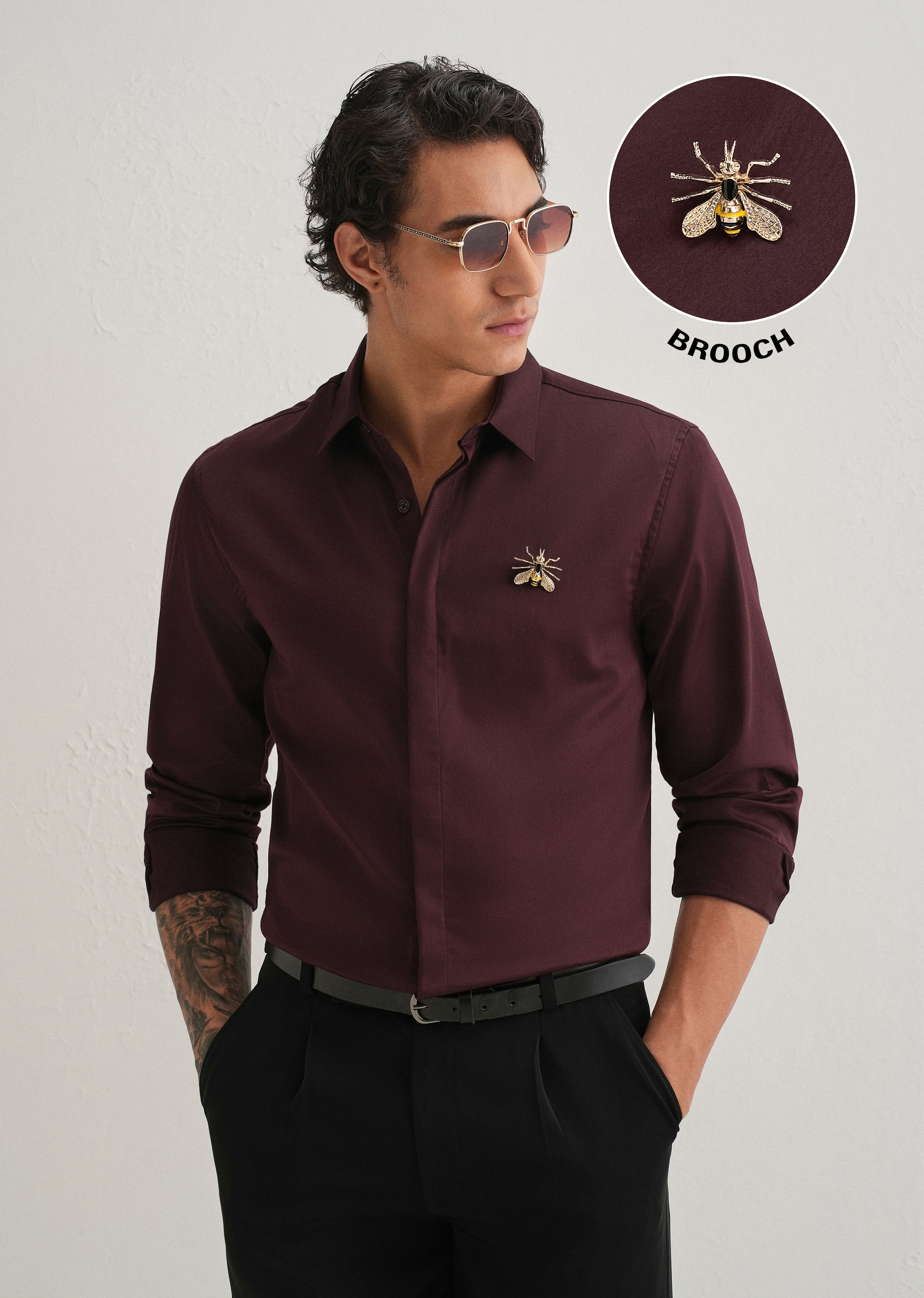 Honey Bee Brooch Wine Designer Shirt