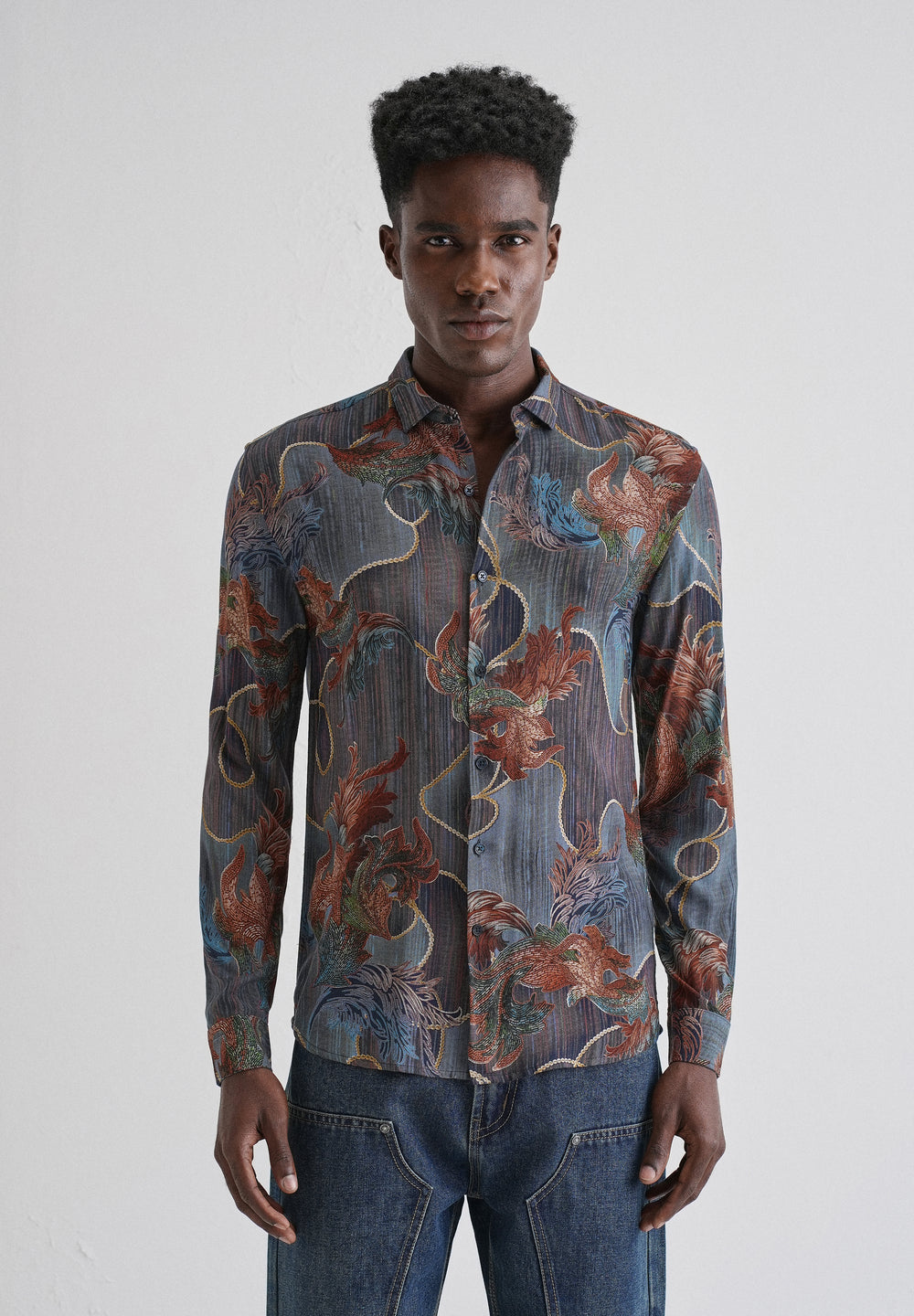 Indigenous Orange Print Feather Shirt