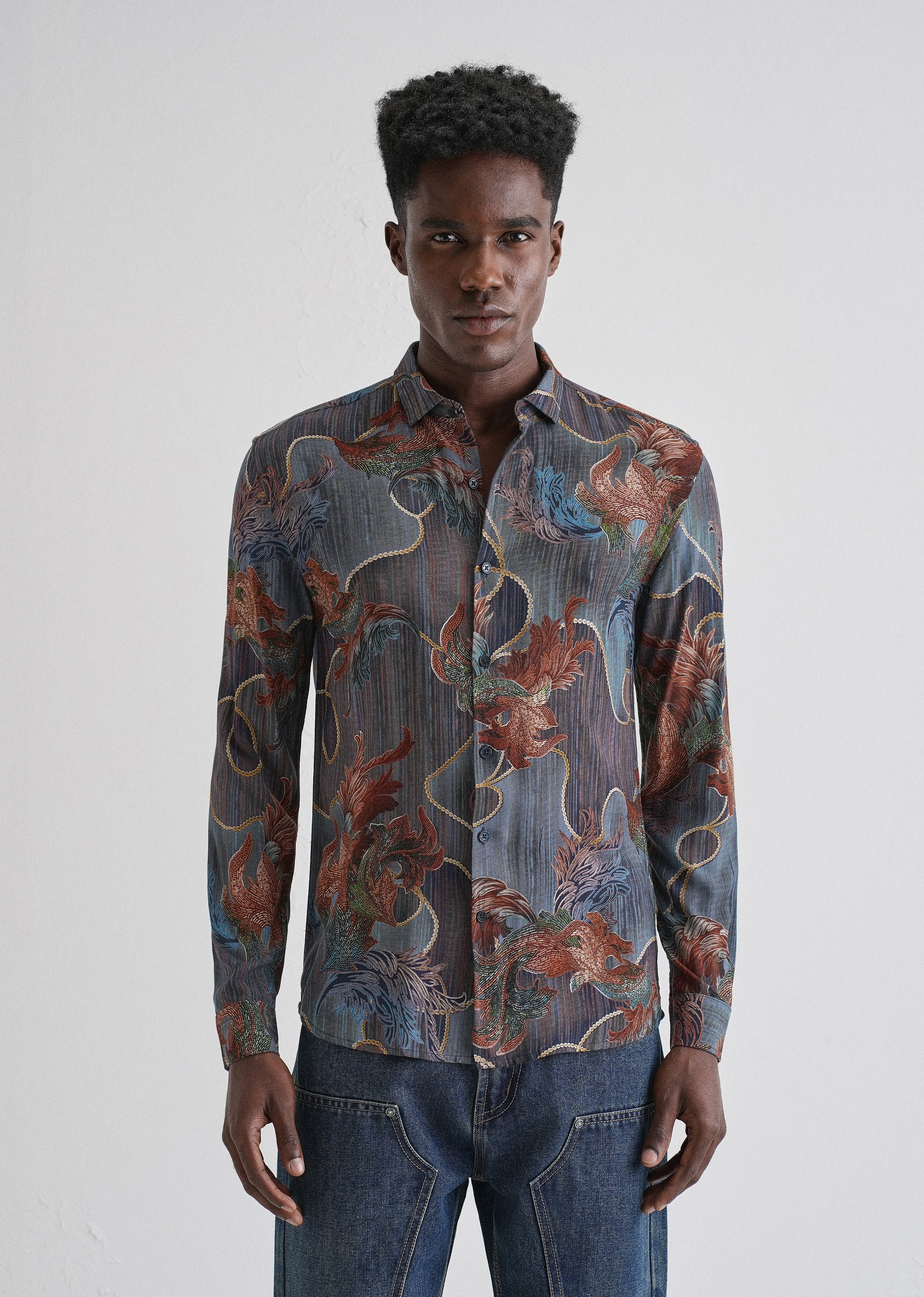 Indigenous Orange Print Feather Shirt